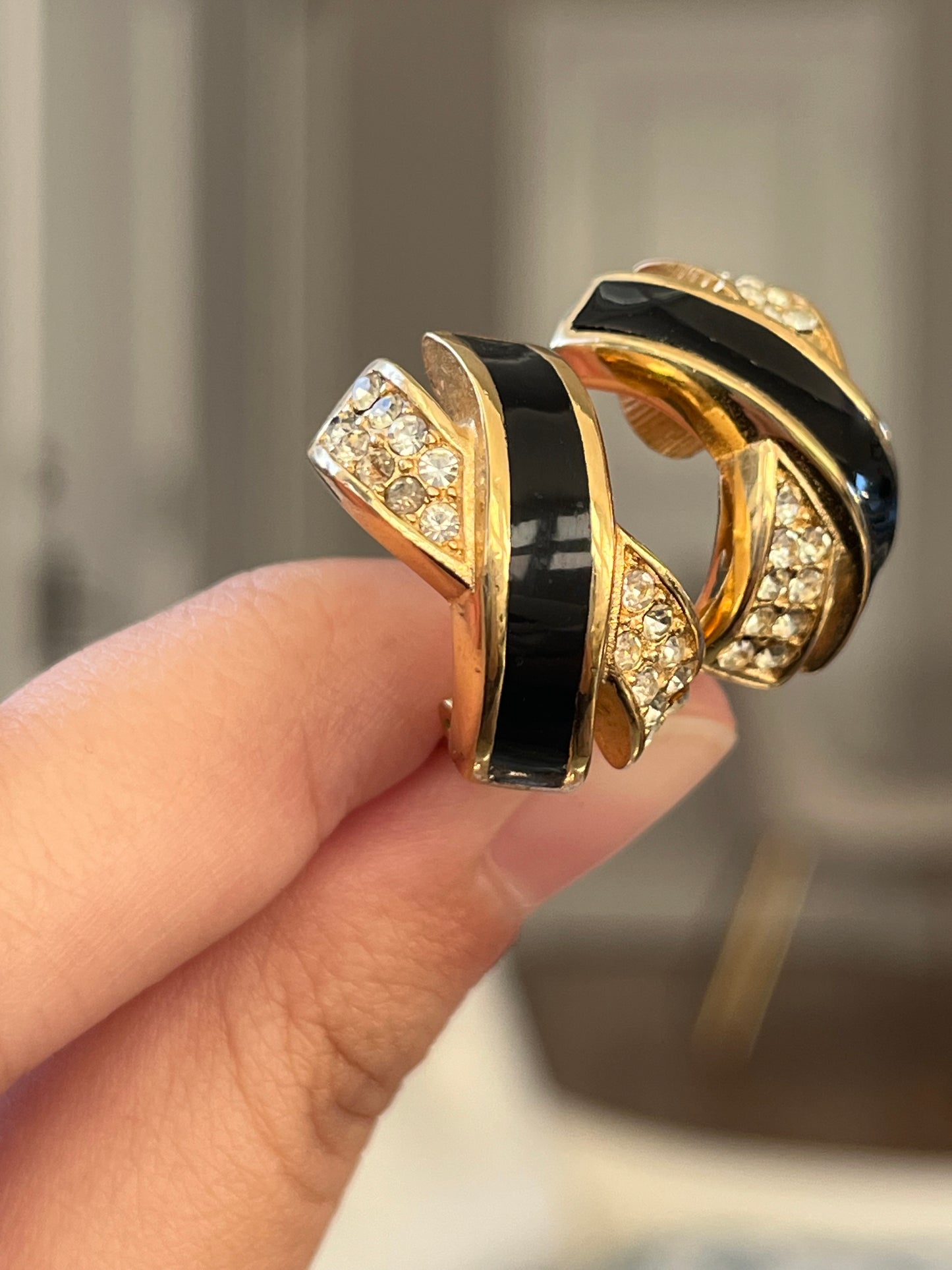 Vintage Christian Dior Classic "X" Cross Black Enamel Rhinestone Pavé Gold-Plated Clip-On Earrings