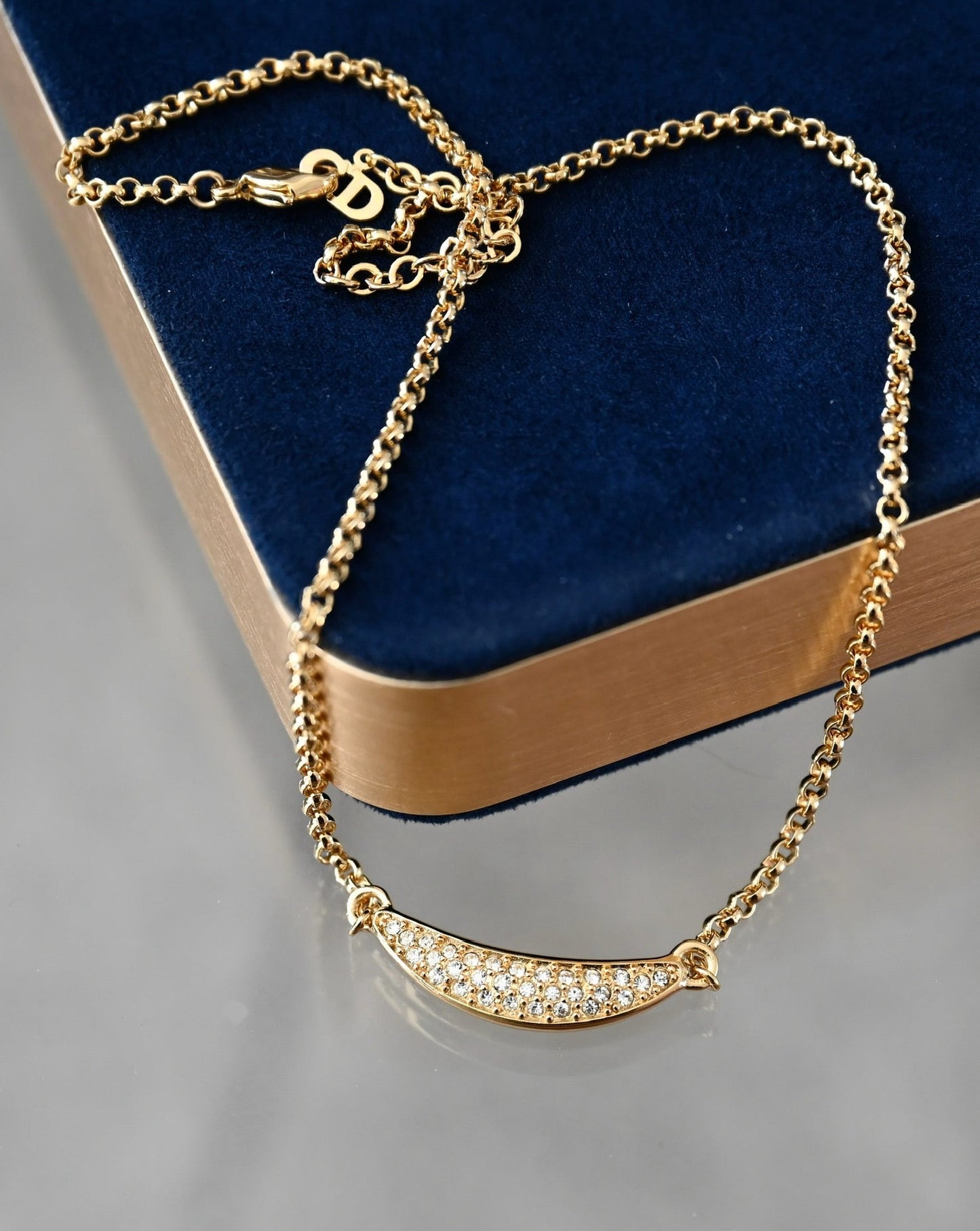 Vintage Christian Dior Crescent Moon Smile Rhinestone Pavé Gold-Tone Braided Chain Necklace