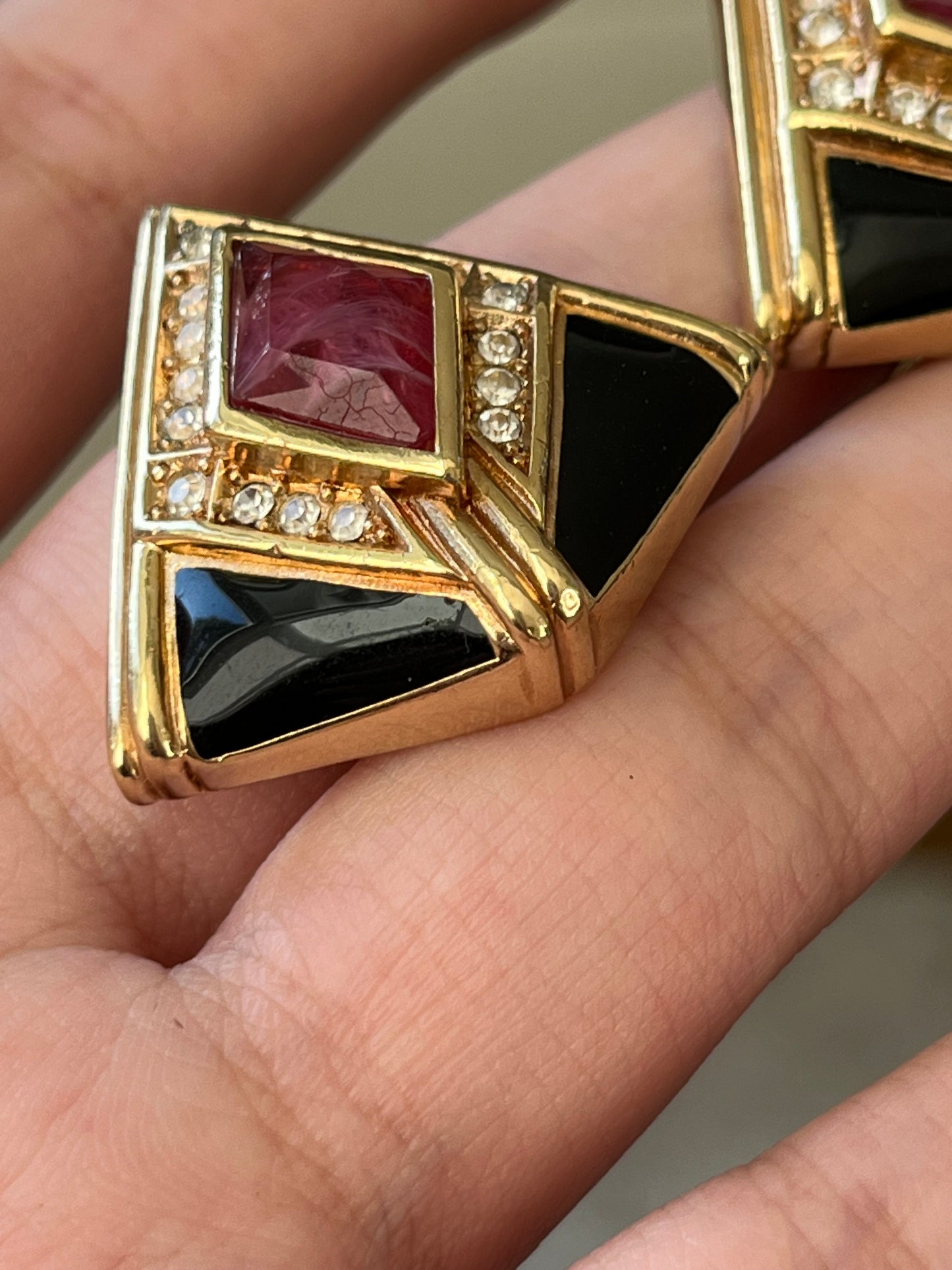 Vintage Christian Dior Red Swirly Glass Cabochon Black Enamel Rhinestone Triangular Gold-Plated Clip-On Earrings