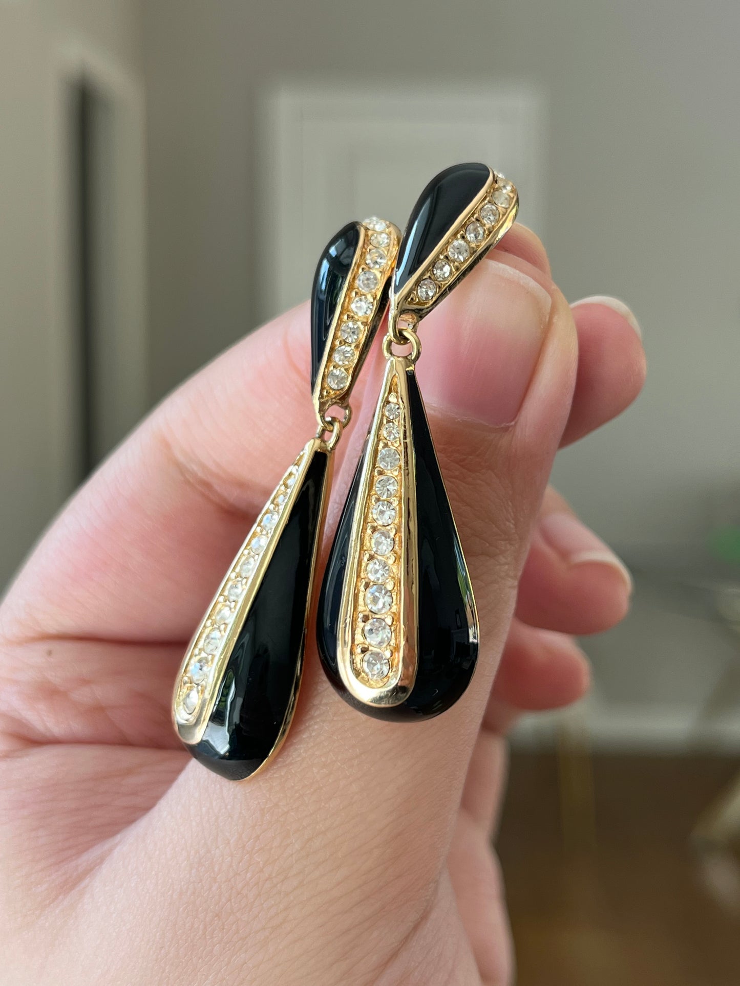 Vintage Christian Dior Teardrop Dangle Drop Black Enamel Rhinestone Gold-Tone 14k Gold Post Pierced Earrings