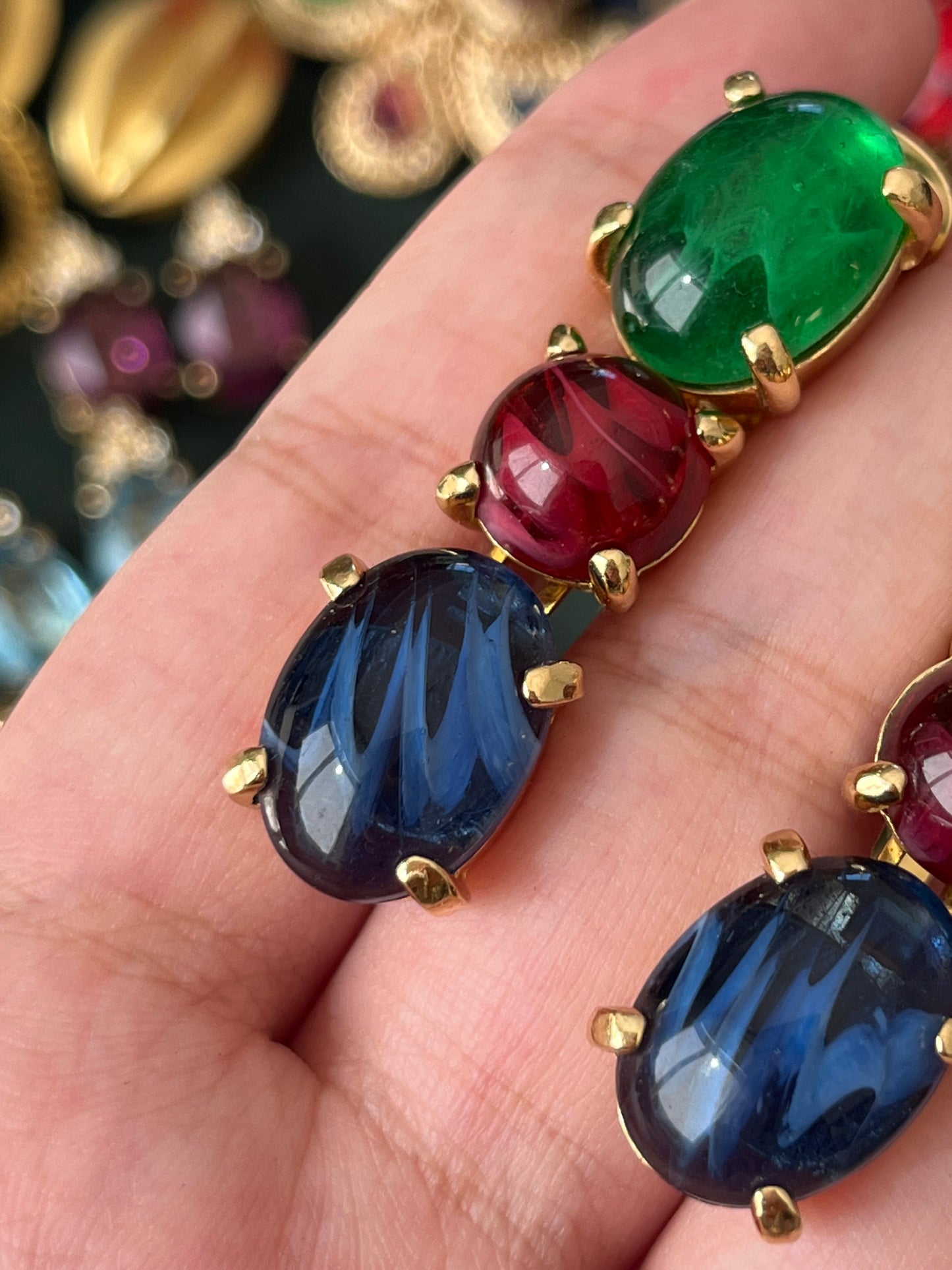 Vintage Christian Dior Tri-Color Oval Poured Swirly Glass Cabochon Prong Drop Gold-Tone Clip-On Earrings