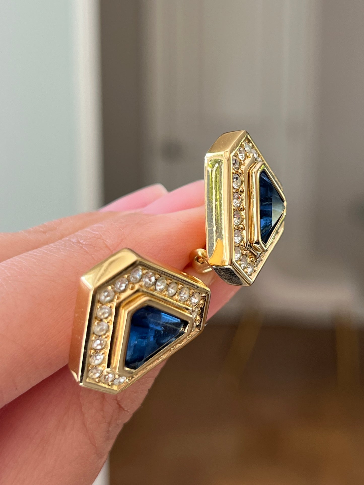 Vintage Christian Dior Triangular Blue Molded Glass Cabochon Rhinestone Gold-Tone Clip-On Earrings