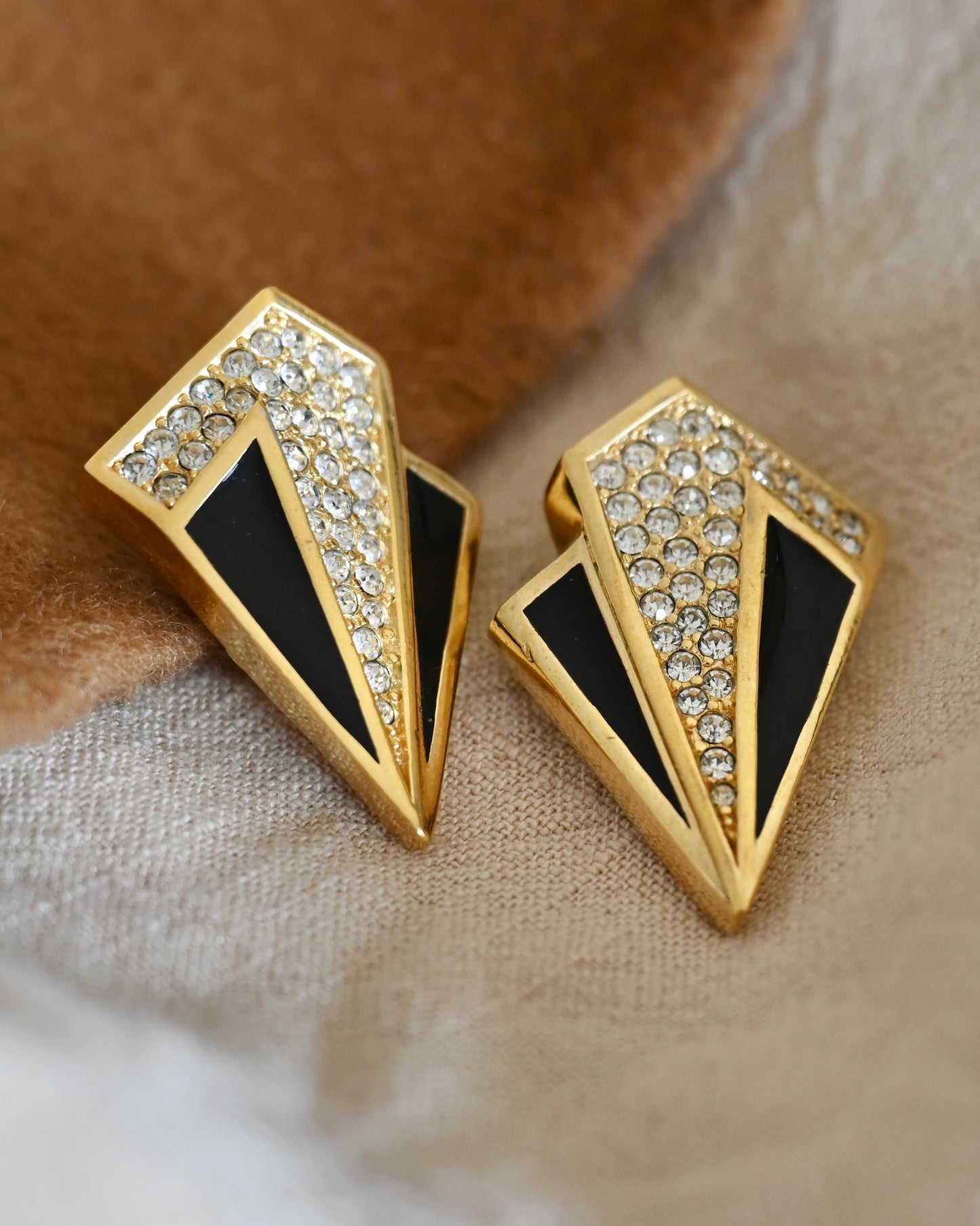 Vintage Christian Dior "Origami" Polygon Black Enamel Rhinestone Pavé Gold-Ton Clip-On Earrings