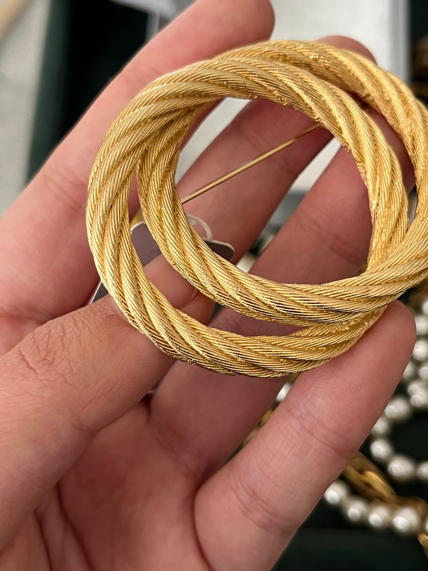 Vintage Christian Dior "Rope" Collection Double Knot Brushed Gold Gold-Tone Round Brooch New in Box