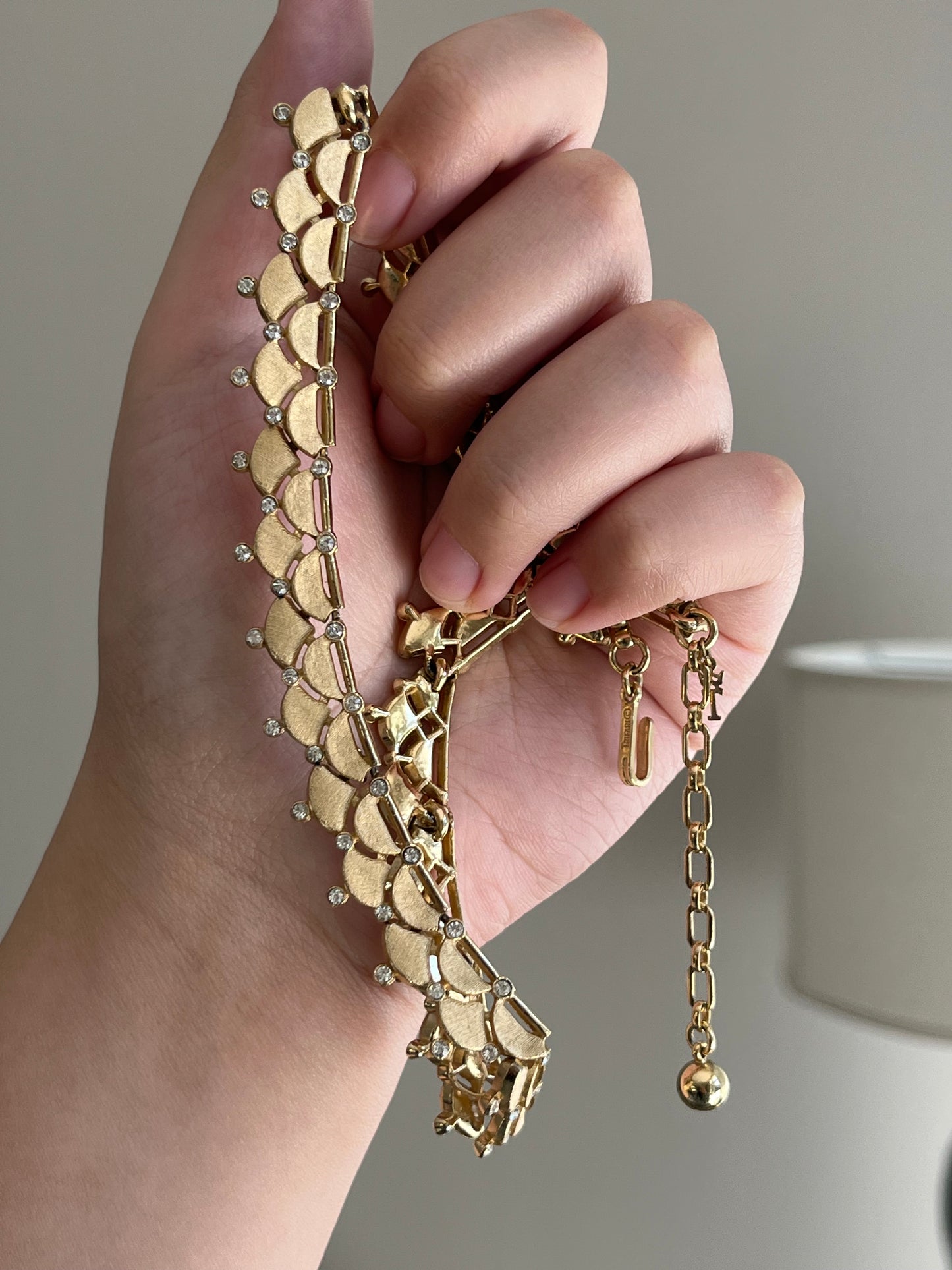 Vintage Crown Trifari "Dagon Scale" Layered Pedal Rhinestone Gold-Tone Choker Necklace