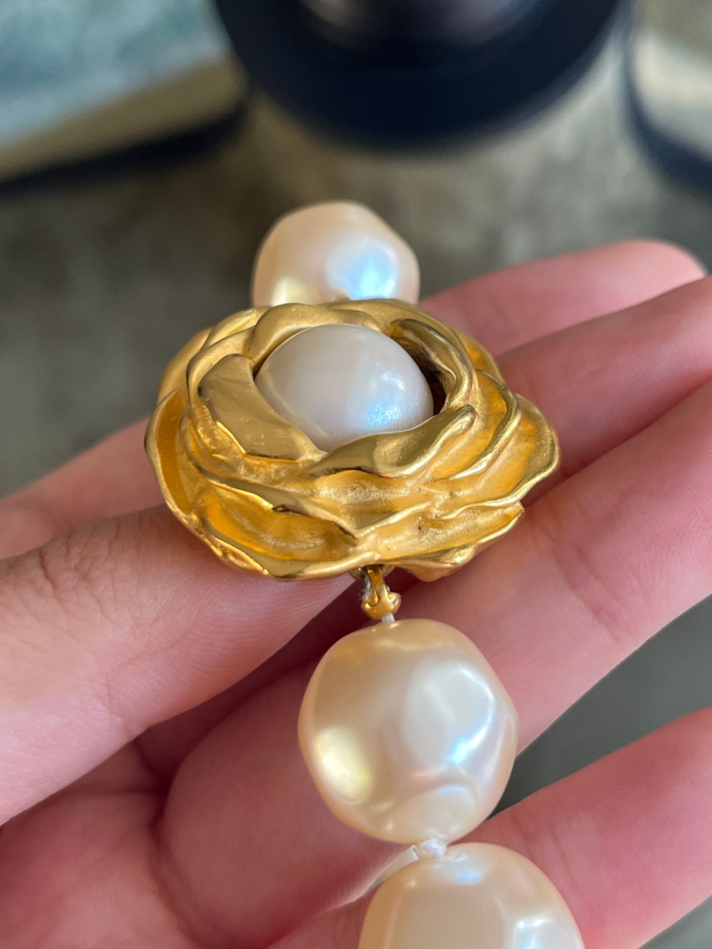 Vintage Givenchy "Rose" Collection Large Baroque Pearl Matte Gold Beaded Statement Necklace