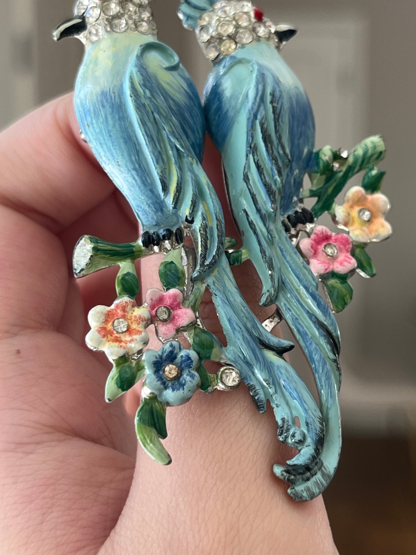 Vintage Coro Duette "Love Birds" Book Piece Parrot Blue Enamel Rhinestone Silver-Tone Brooch Fur Clip