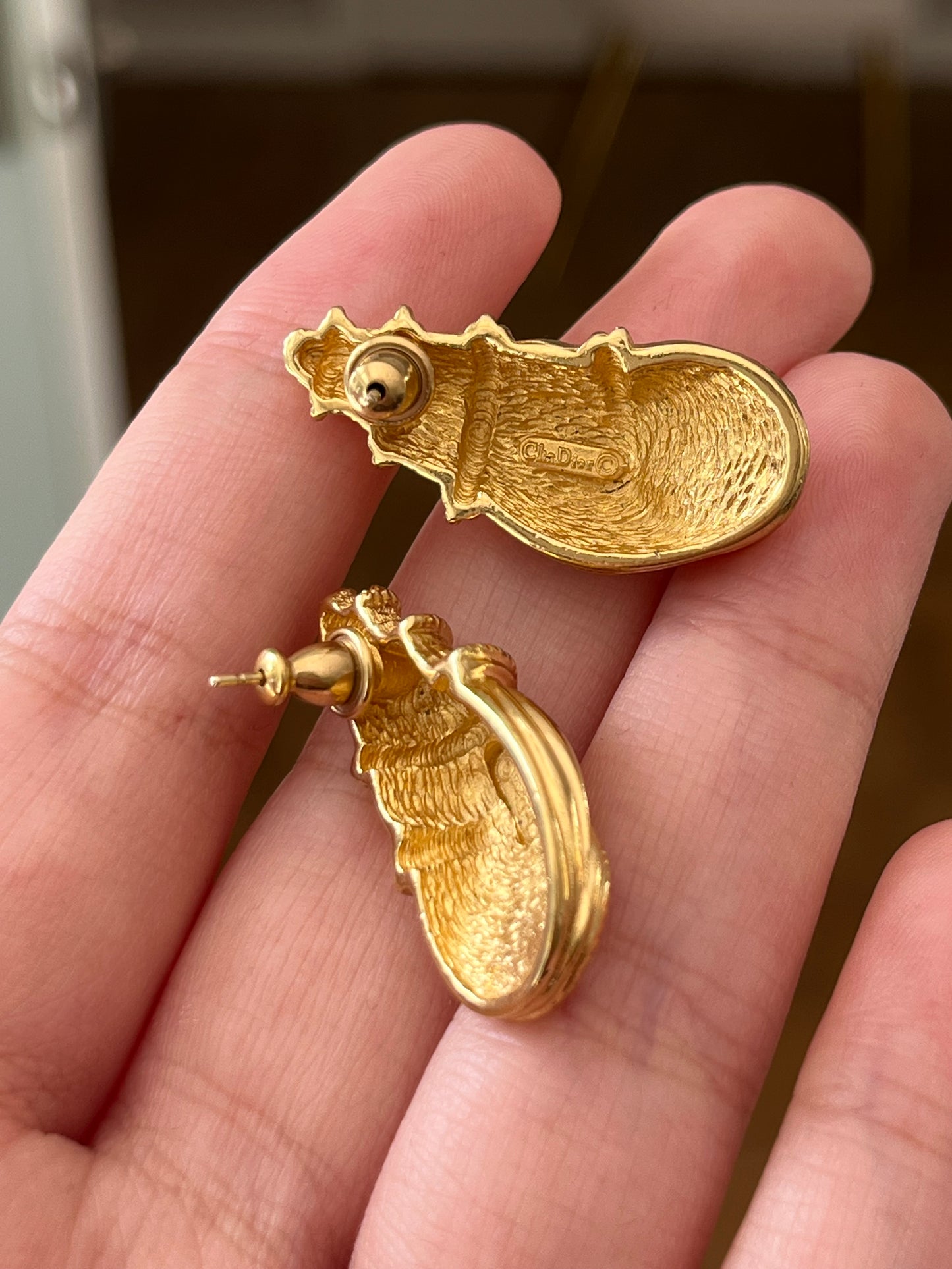 Vintage Christian Dior Sea Shell Brushed Gold-Tone 14k Gold Post Pierced Earrings