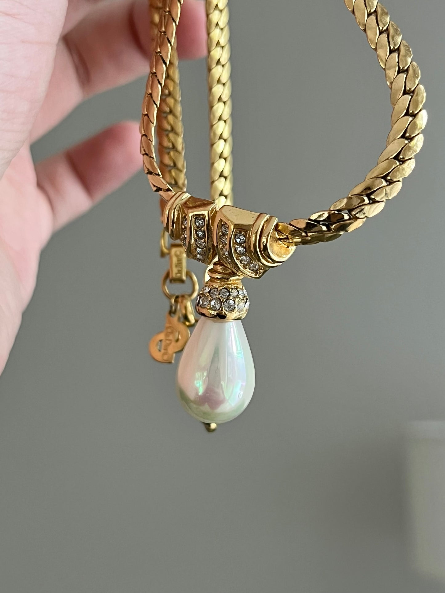 Vintage Christian Dior Rhinestone Knot Teardrop Pearl Drop Gold-Tone Necklace