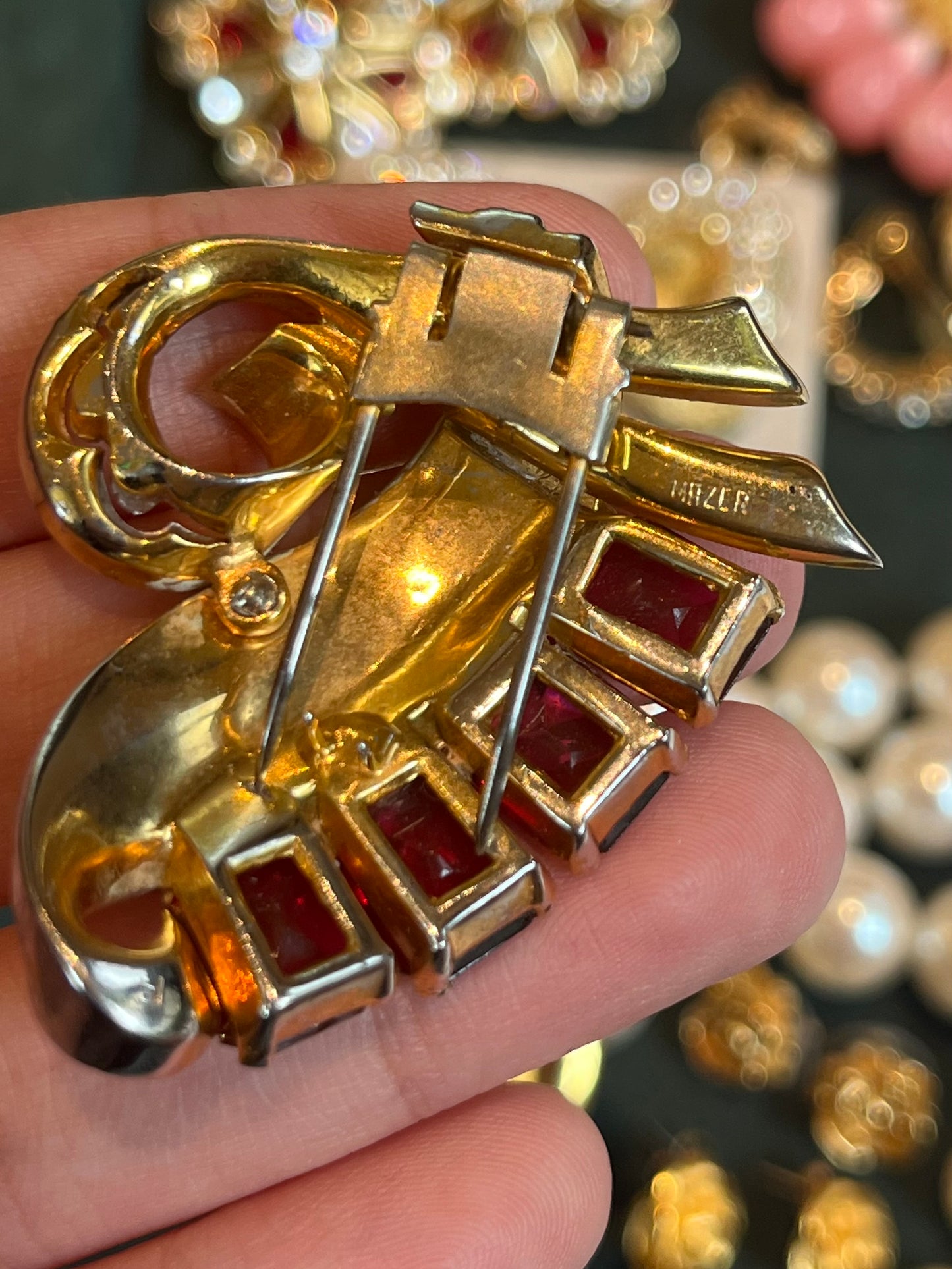 Vintage Mazer/Jomaz 1927-1945 Book Piece Bouquet Open Back Rectangular Red Rhinestone Gold-Plated Fur Clip Brooch