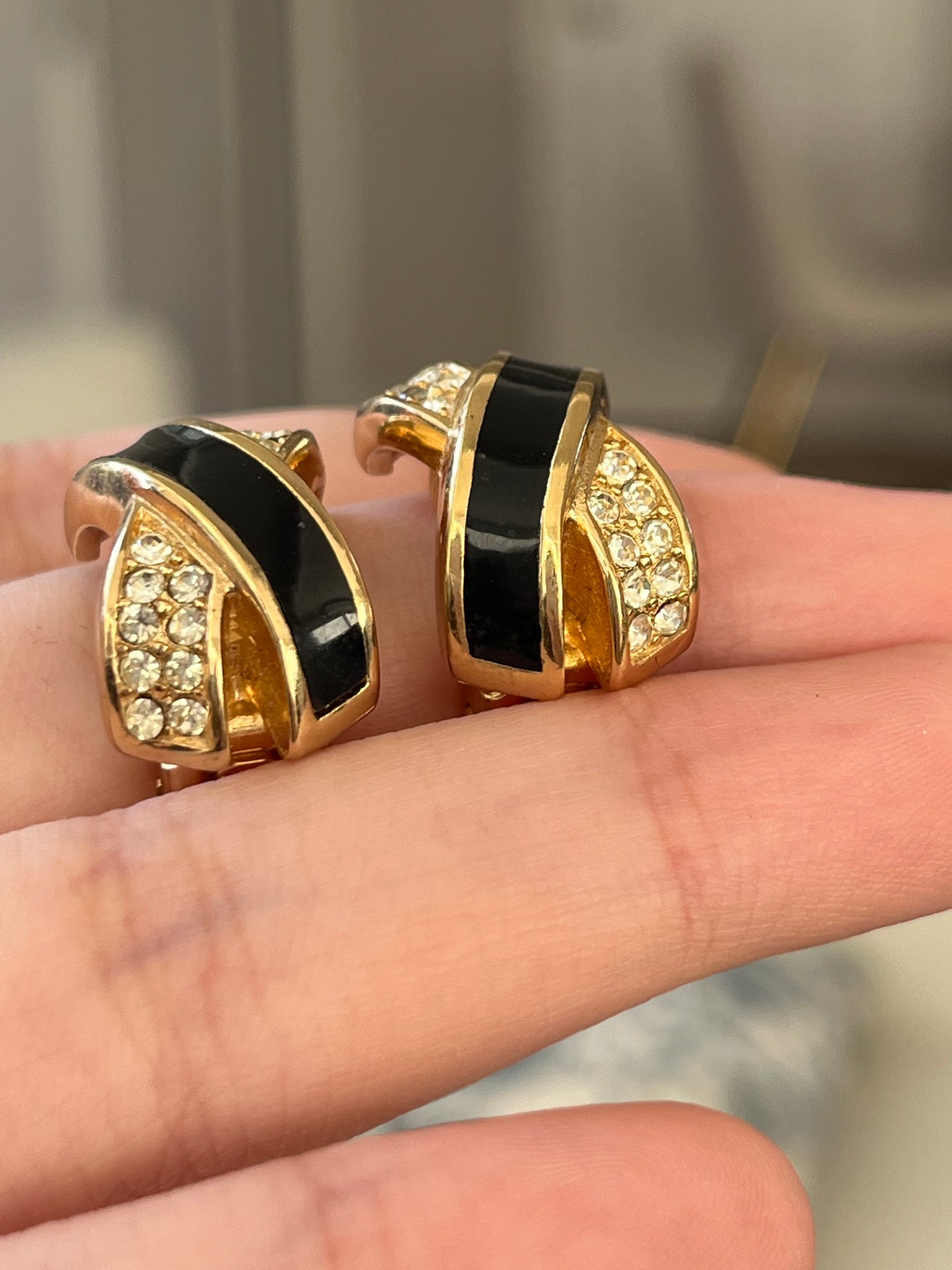 Vintage Christian Dior Classic "X" Cross Black Enamel Rhinestone Pavé Gold-Plated Clip-On Earrings