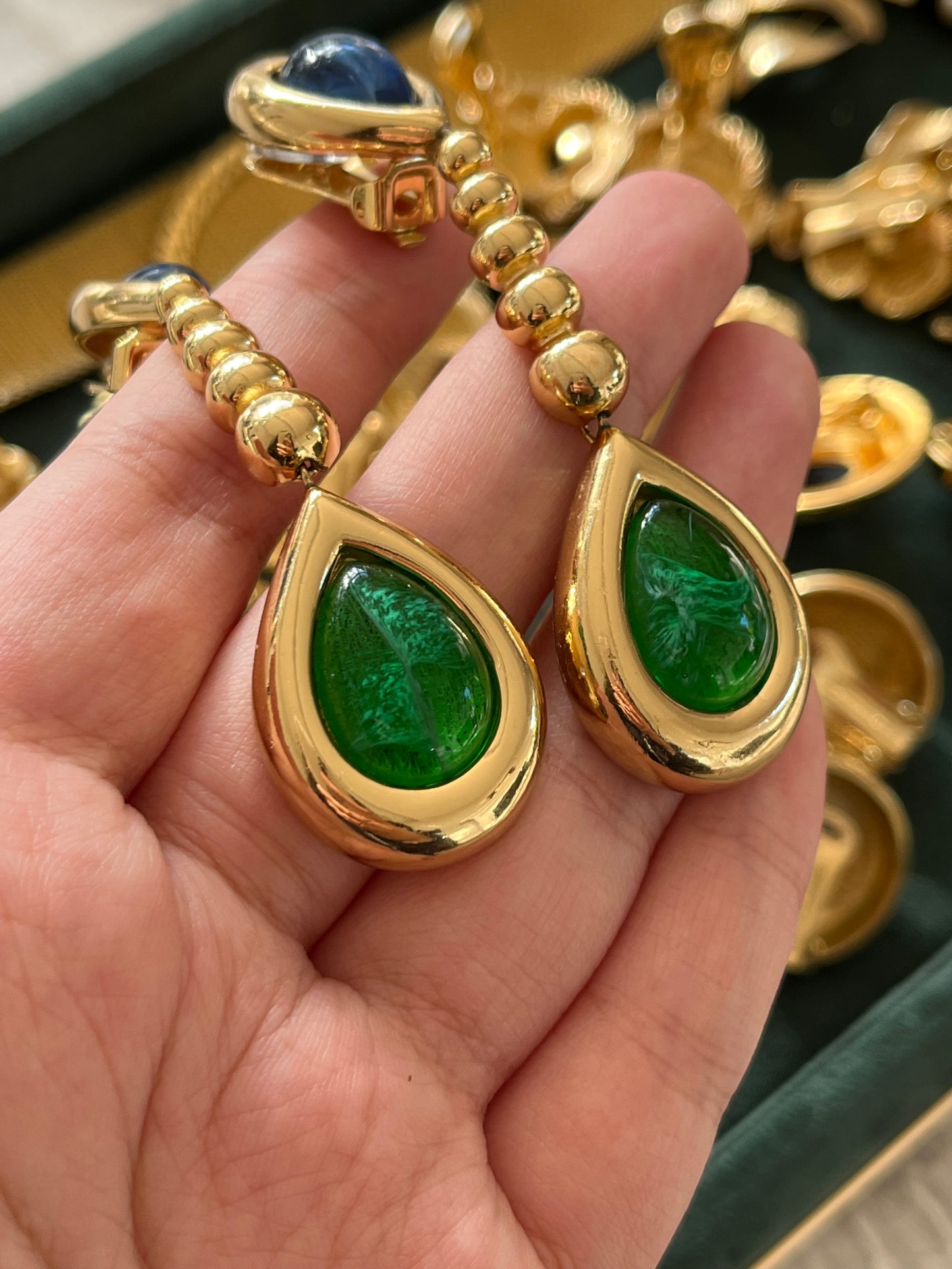 Vintage Christian Dior Teardrop Blue Green Swirly Poured Glass Cabochon Dangle Drop Long Shoulder Brush Gold-Plated Clip-On Earrings