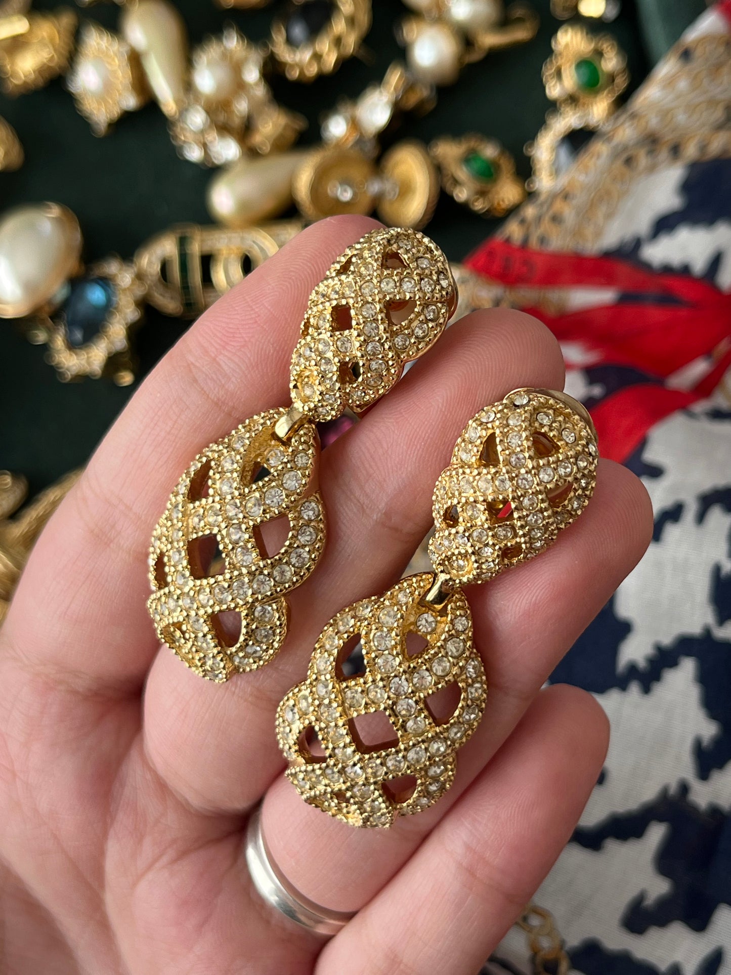Vintage Christian Dior "Lace" Collection Hollow Braided Teardrop Dangle Drop Rhinestone Gold-Tone Clip-On Earrings