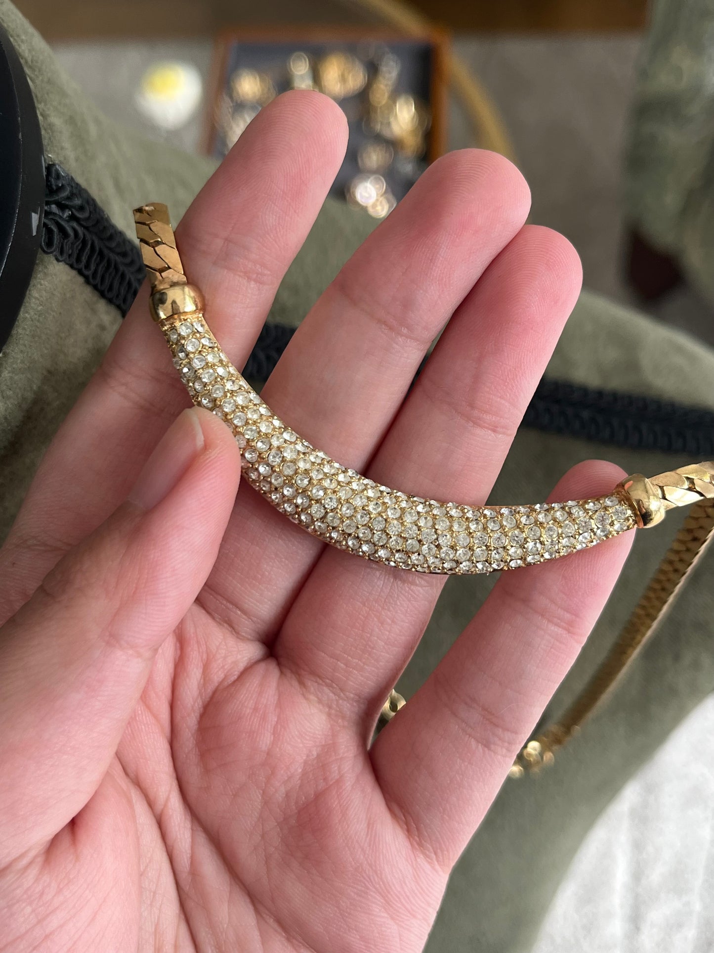 Vintage Christian Dior Crescent Moon Smile Rhinestone Pavé Gold-Tone Chain Necklace