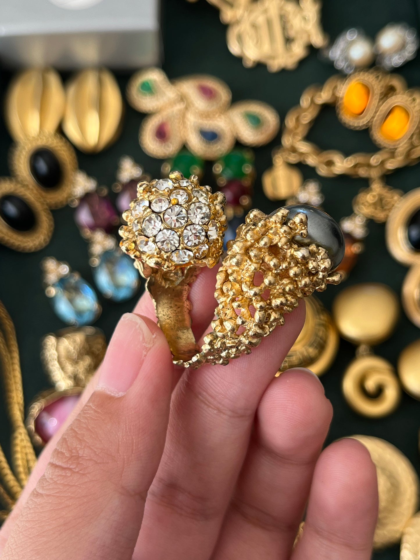 Vintage Grossé (Christian Dior) 1966 Faux Grey Tahitian Pearl Irregular Nugget Gold-Plated Adjustable Open Cocktail Ring