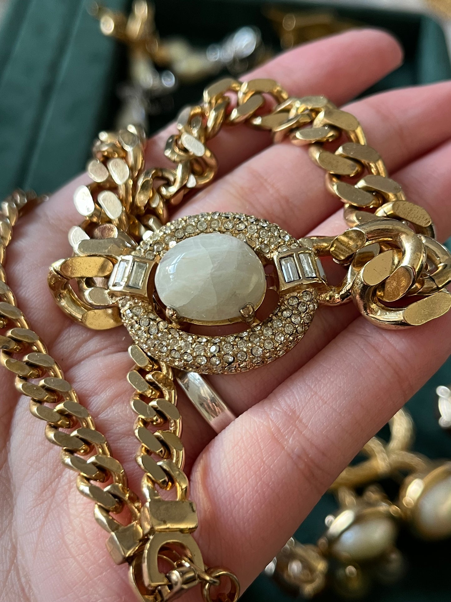 Vintage Christian Dior Irregular Milky White Swirly Poured Glass Cabochon Prong Rhinestone Pavé Edge Gold-Tone Chain Necklace