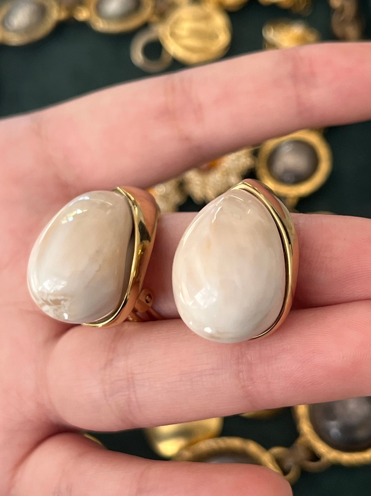 Vintage Givenchy Teardrop Cream Faux Marble Shell Resin Cabochon Gold-Tone Clip-On Earrings