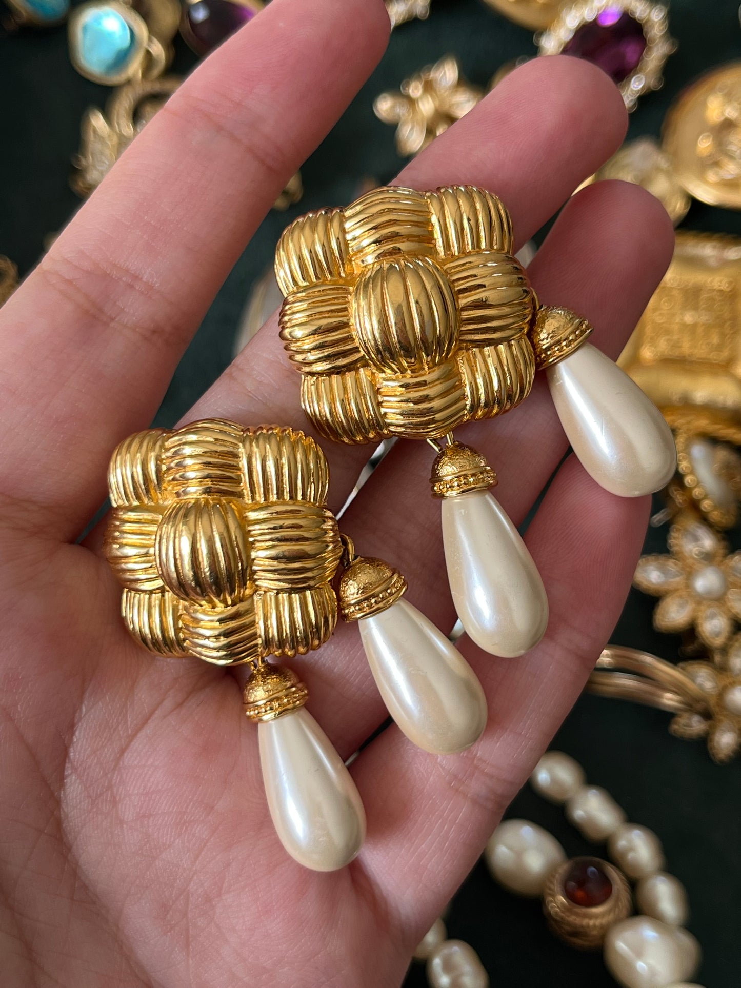 Vintage Fendi "Braided Croissant" Collection Pearl Dangle Drop Gold-Tone Clip-On Earrings