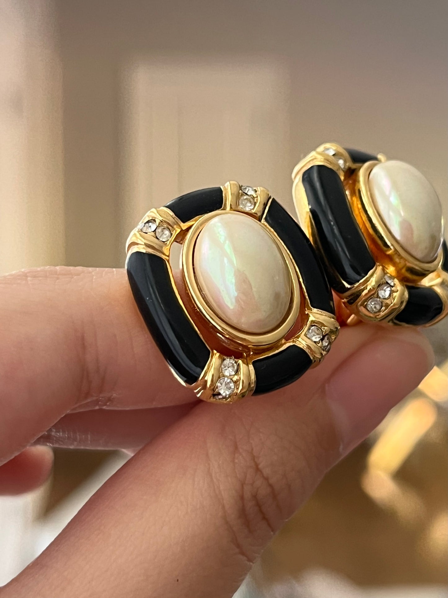 Vintage Christian Dior Oval Pearl Cabochon Hollow Black Enamel Edge Gold-Tone Clip-On Earrings