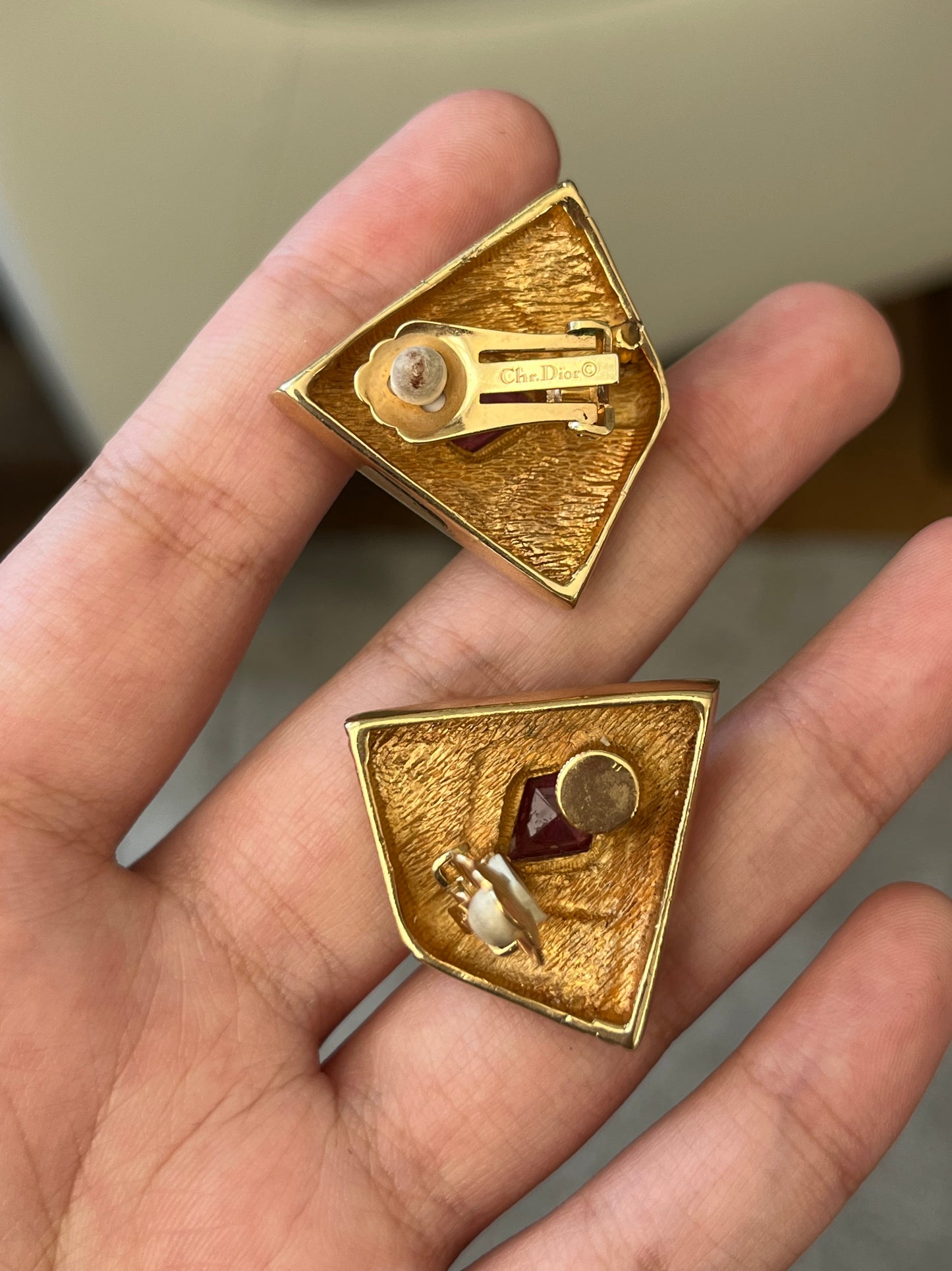 Vintage Christian Dior Red Swirly Glass Cabochon Black Enamel Rhinestone Triangular Gold-Plated Clip-On Earrings