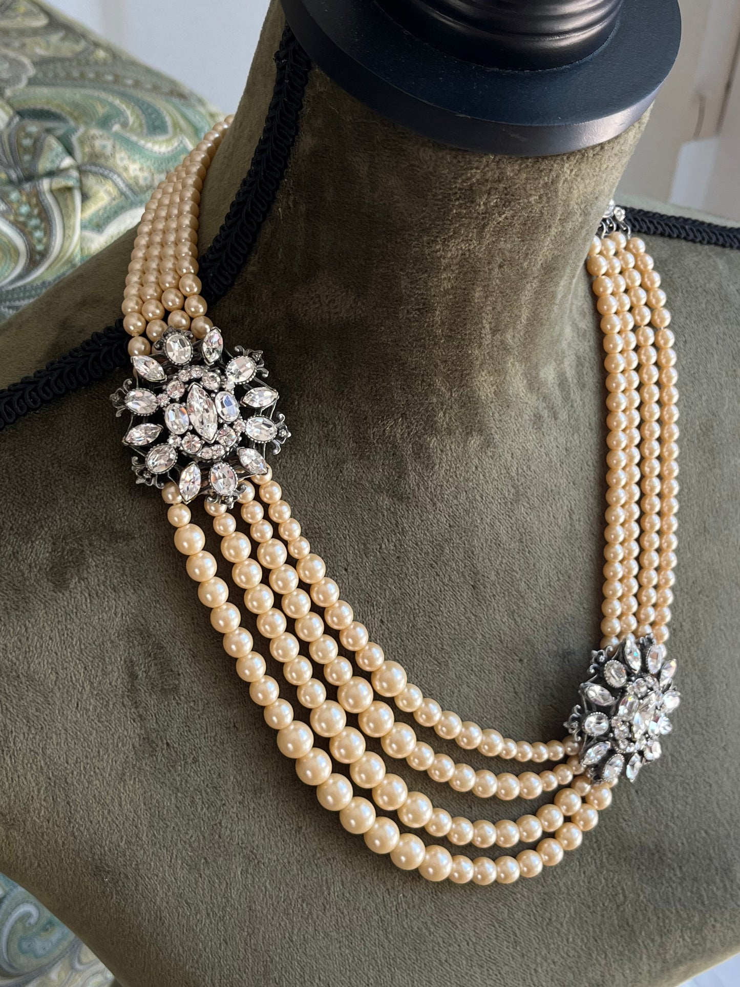 Vintage Ben-Amun Maltese Flower Accent Pearl Beaded Four-Stranded Layered Long Silver-Tone Statement Necklace