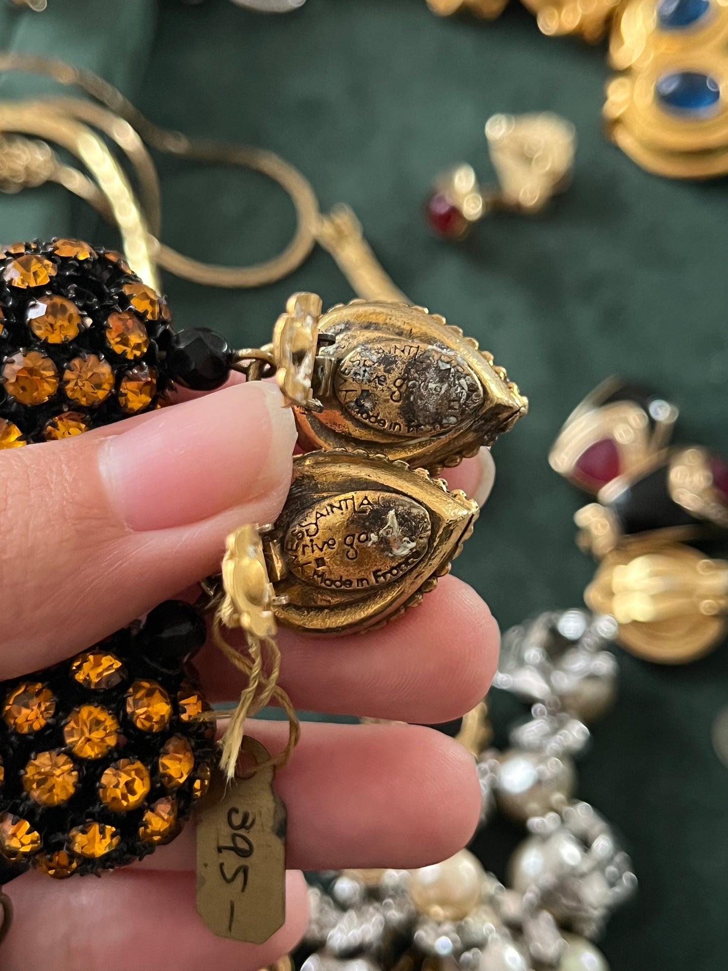 Vintage Yves Saint Laurent Rive Gauche YSL Orange Rhinestone Ball Dangle Drop Long Shoulder Brush Gold-Tone Clip-On Earrings