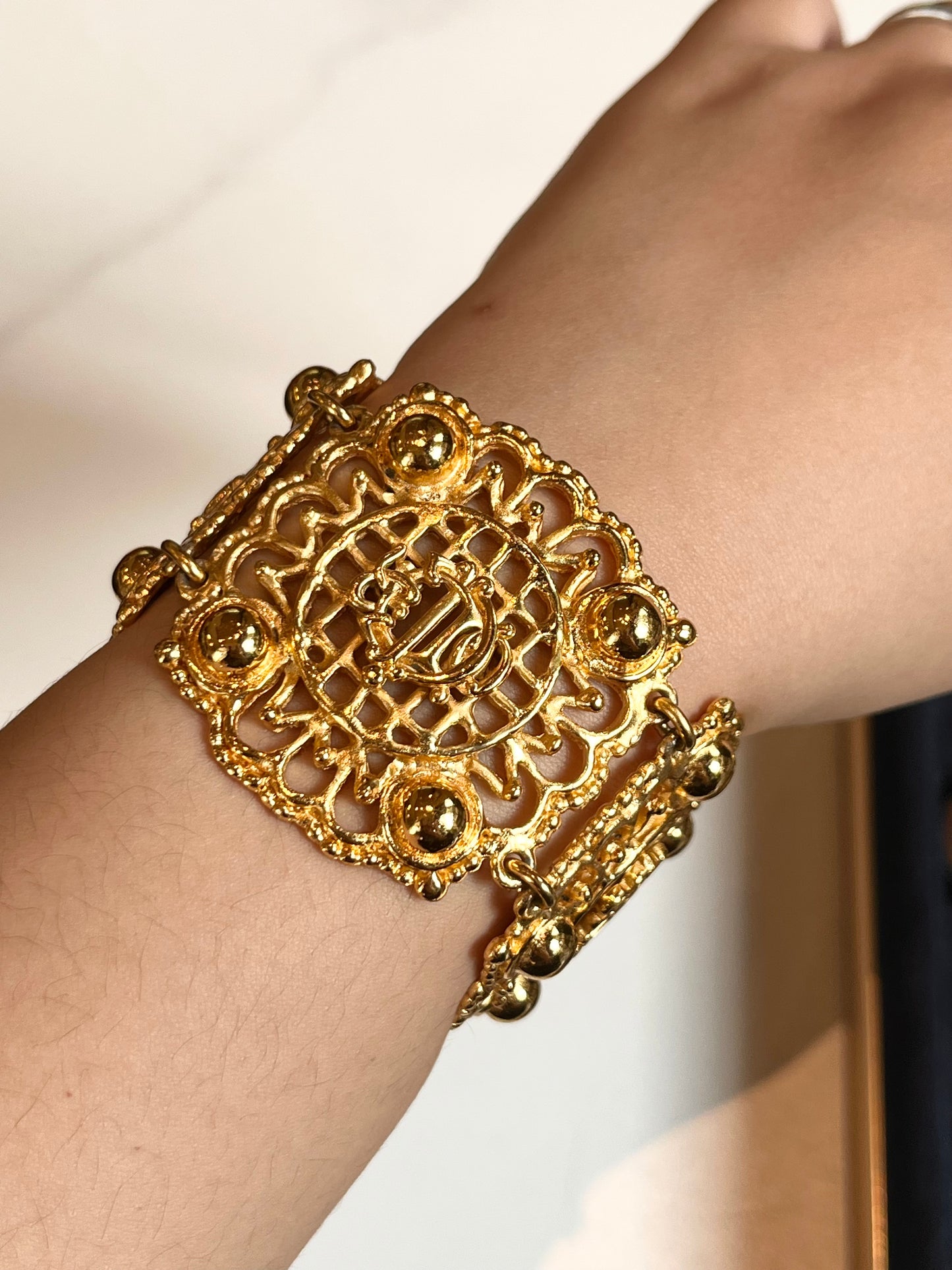 Vintage Christian Dior "Pumpkin Carriage" Collection Classic Monogram Logo Hollow Gold-Tone Bracelet Cuff Bangle