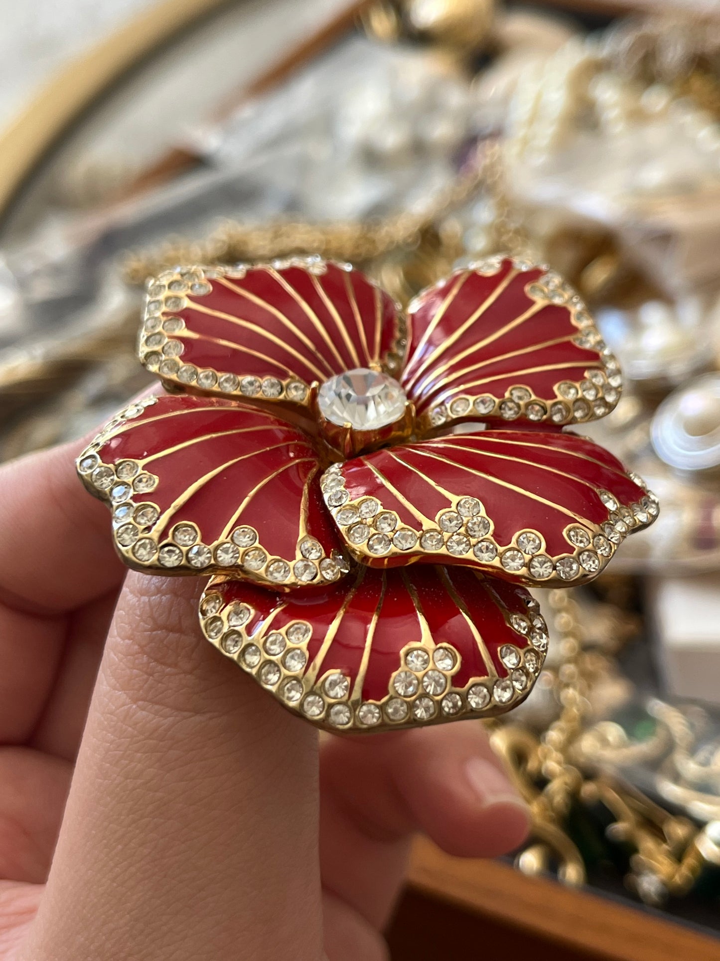 Vintage Ciner Dahlia Flower Red Enamel Rhinestone Edge Stripped Gold-Tone Brooch