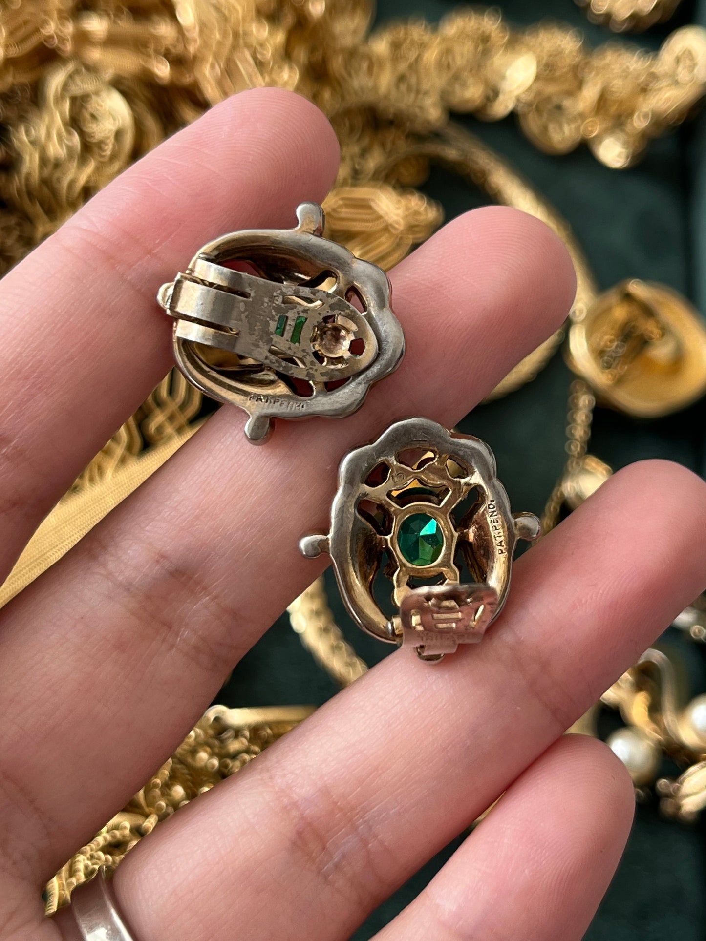 Vintage Trifari “Empress Eugénie” Collection 1940s Oval Topaz Rhinestone Navy Emerald Gold-Tone Clip-On Earrings