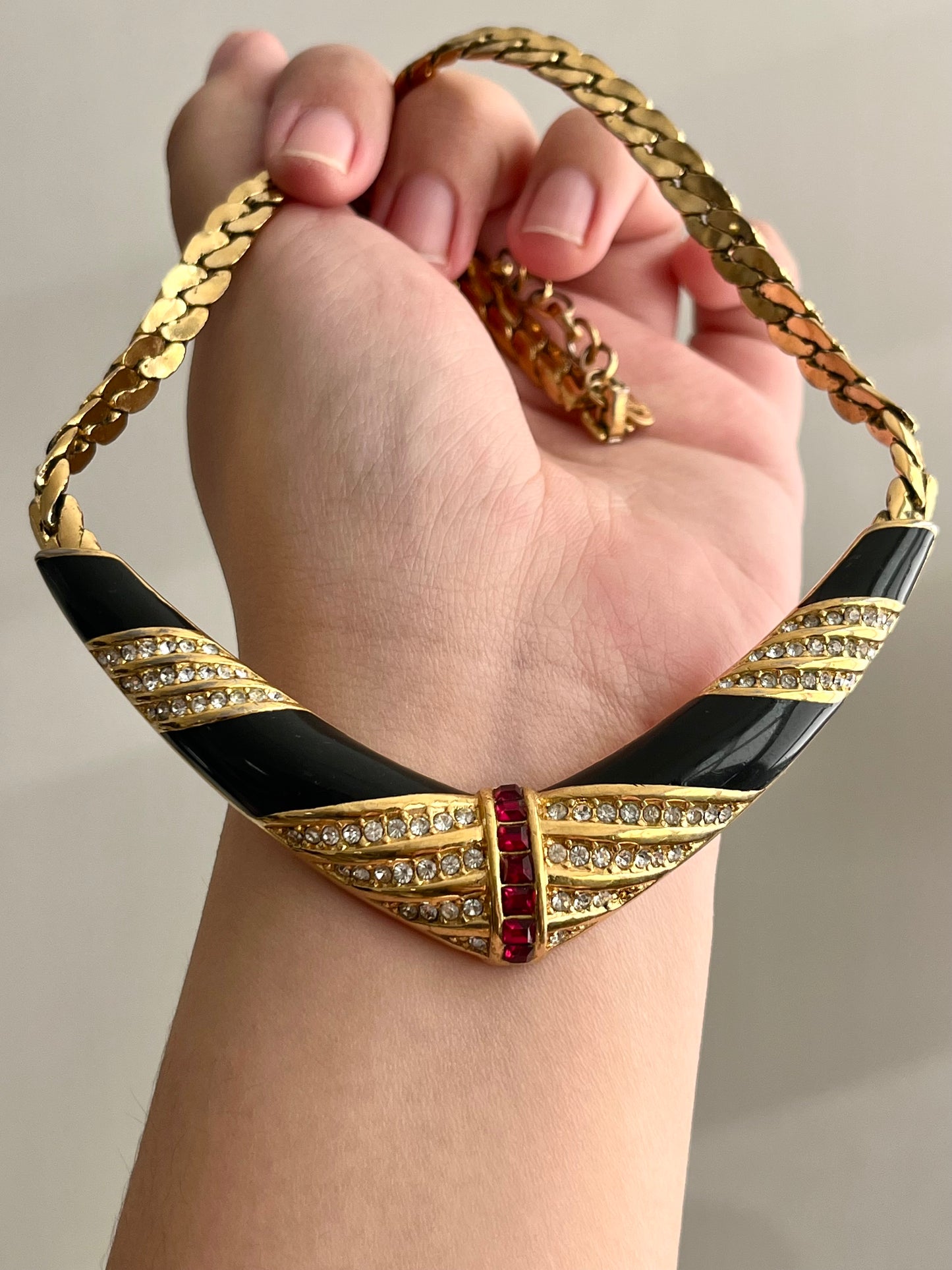 Vintage Christian Dior "V" Square Red Rhinestone Black Enamel Gold-Tone Clip-On Earrings Necklace Set