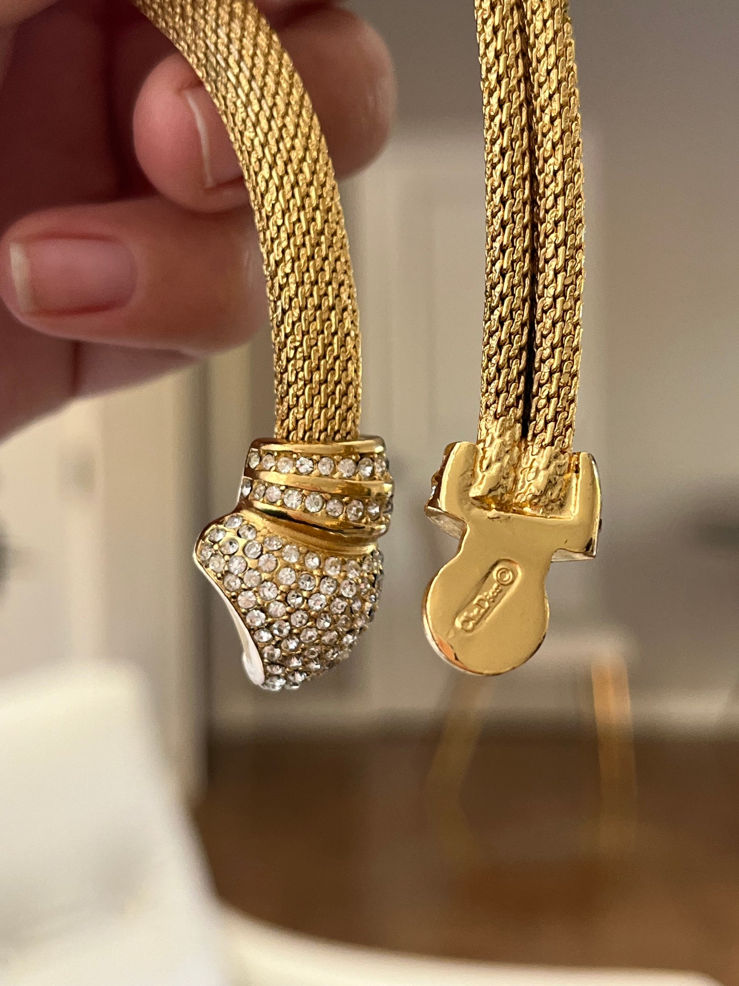 Vintage Christian Dior Rhinestone Pavé Braided Mesh Chain Gold-Tone Choker Necklace