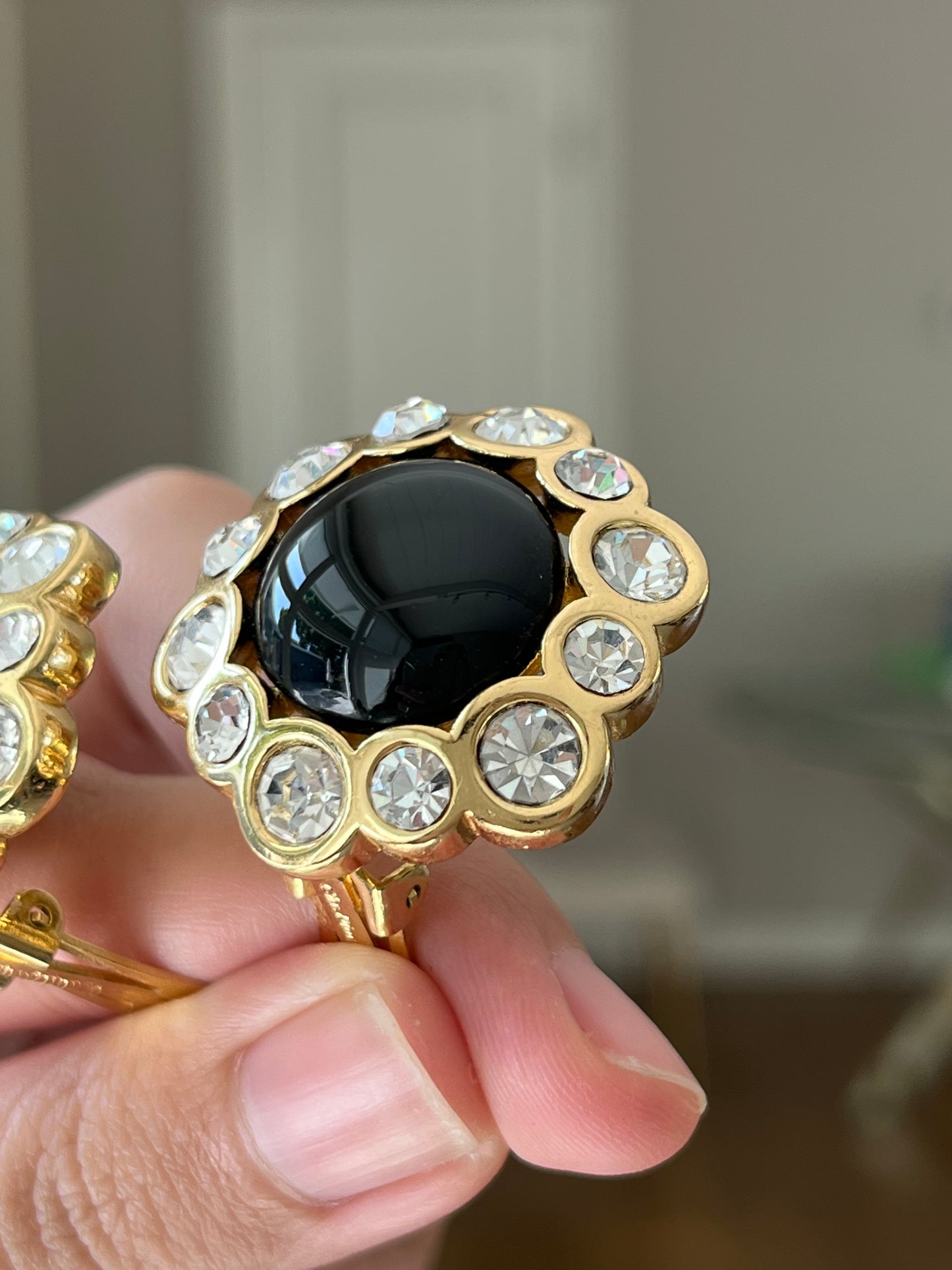 Vintage Christian Dior Flower Round Black Poured Glass Cabochon Large Rhinestone Edge Gold-Tone Clip-On Earrings