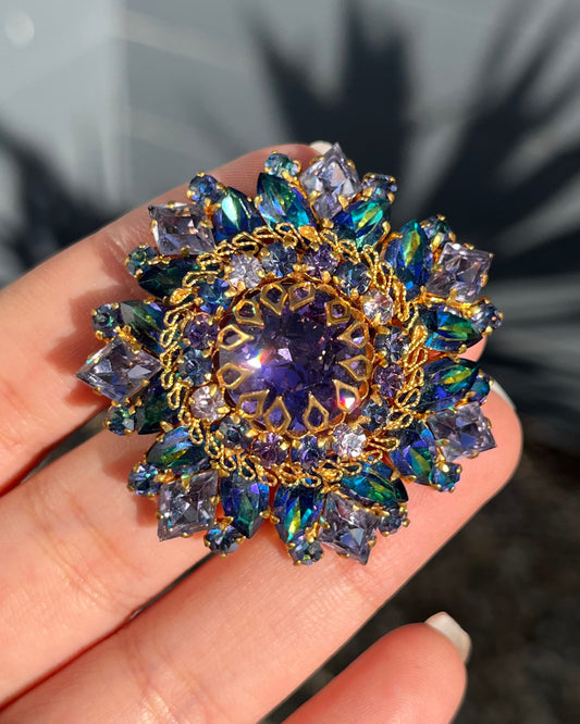 Vintage Made In Austria Blue Purple Rhinestone Prong Set Gold-Plated Filigree Multi-Layered Brooch