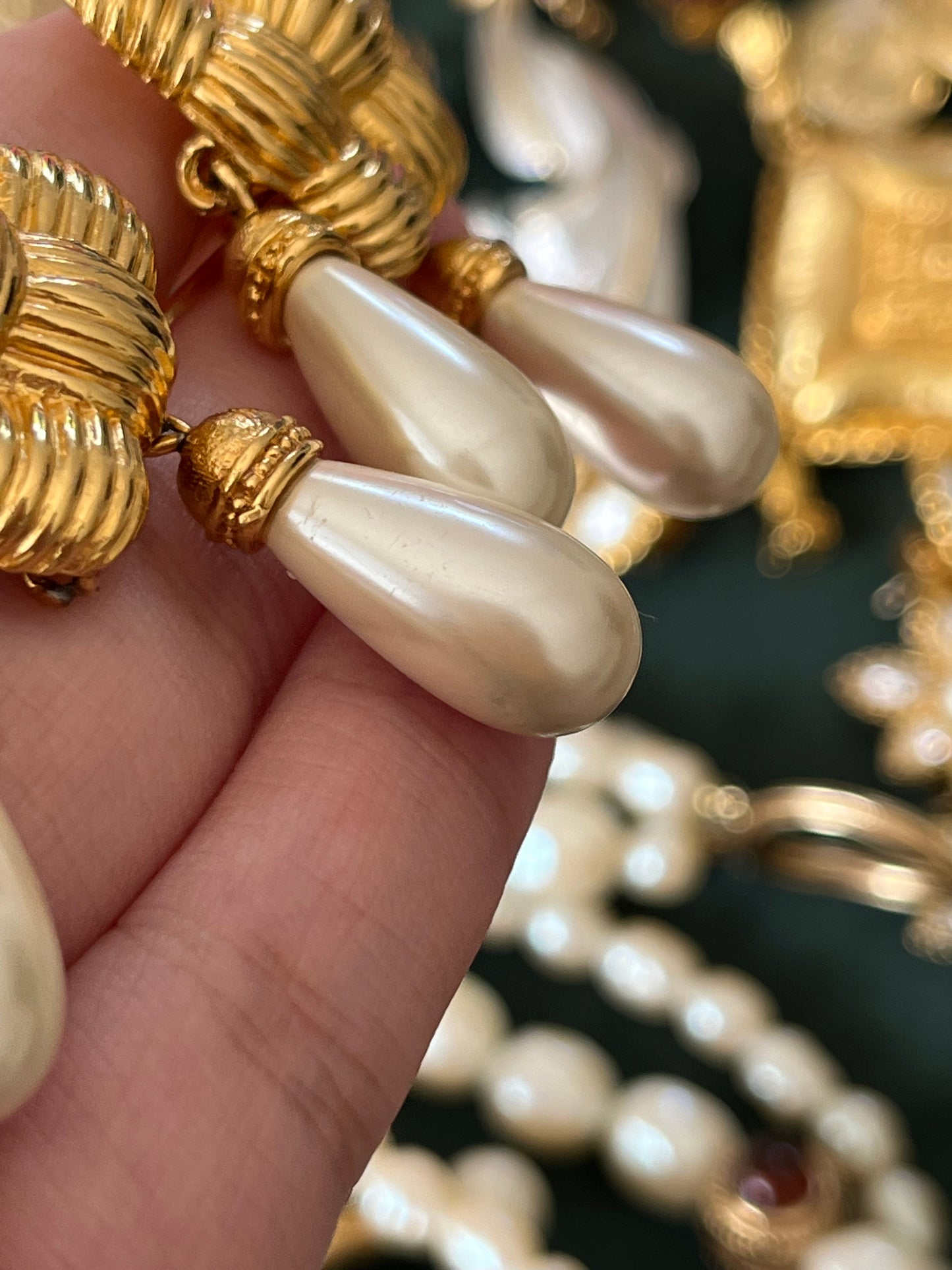 Vintage Fendi "Braided Croissant" Collection Pearl Dangle Drop Gold-Tone Clip-On Earrings