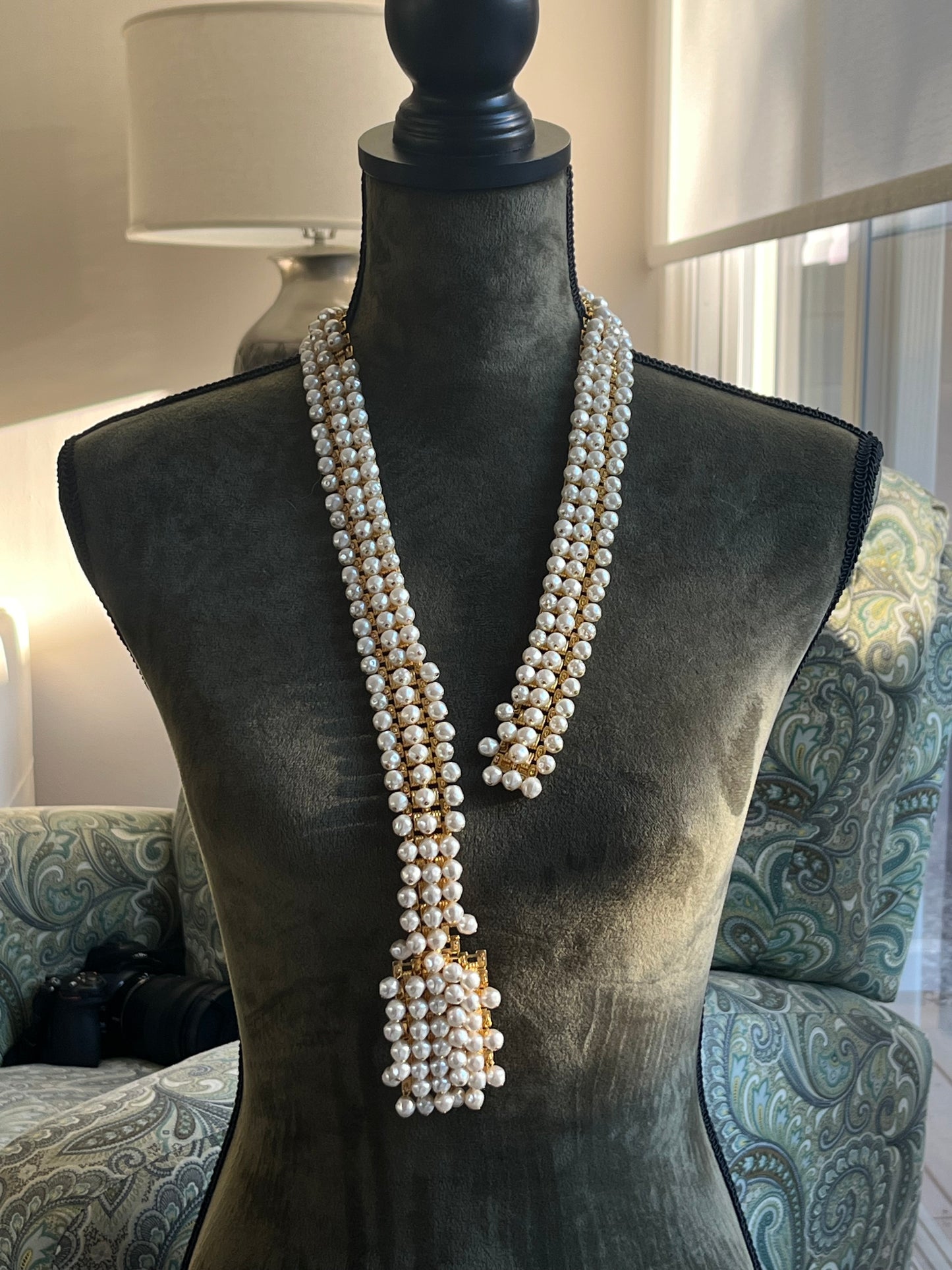 Vintage Christian Dior Baroque Pearl Tassel Droplet Gold-Tone Wide Waist Chain Belt