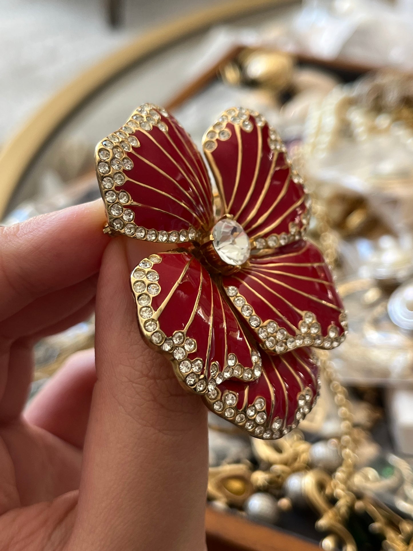 Vintage Ciner Dahlia Flower Red Enamel Rhinestone Edge Stripped Gold-Tone Brooch