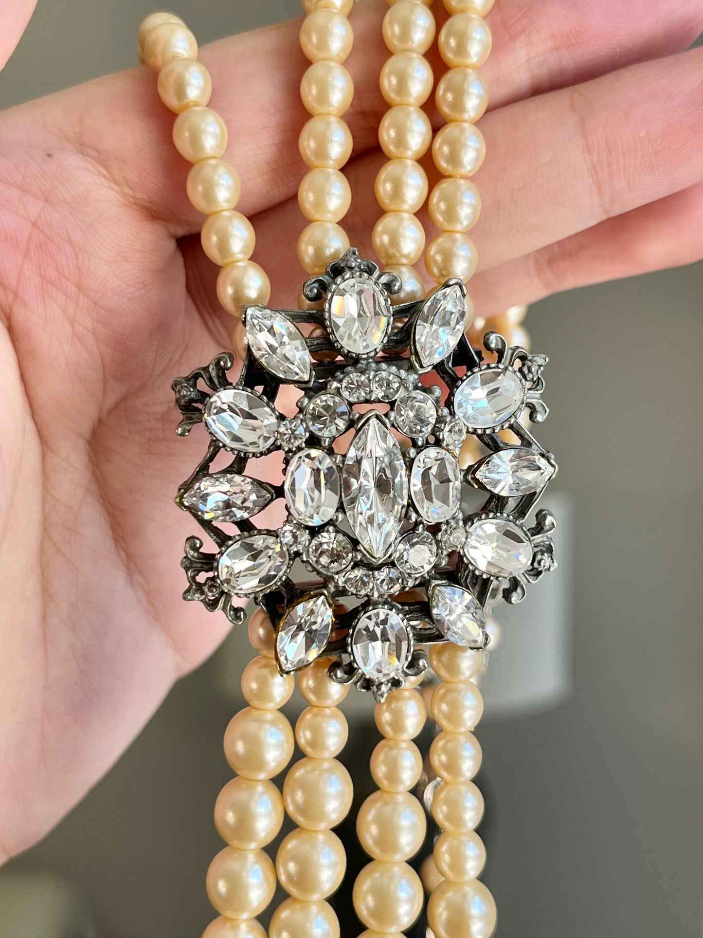 Vintage Ben-Amun Maltese Flower Accent Pearl Beaded Four-Stranded Layered Long Silver-Tone Statement Necklace