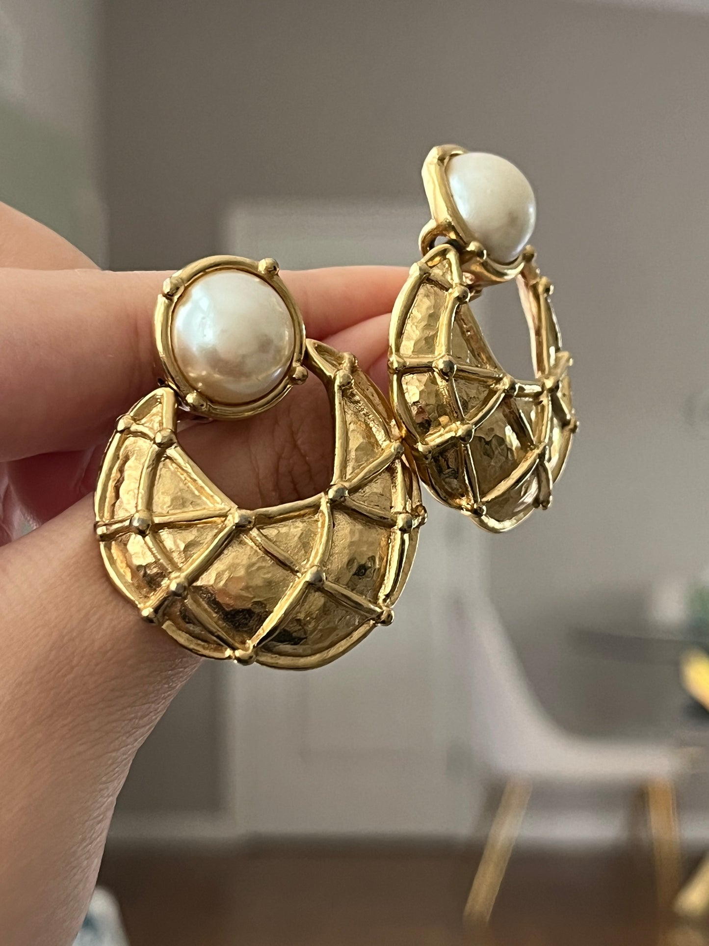 Vintage Givenchy Door Knocker Round Pearl Quilted Drop Gold-Tone Clip-On Earrings