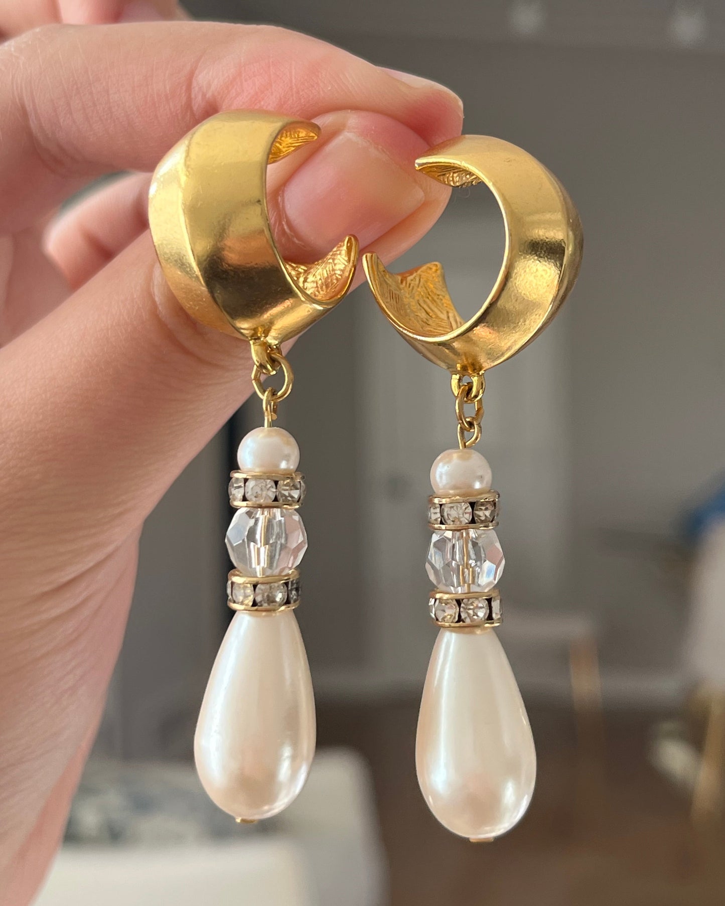 Vintage Givenchy Matte Gold Hoop Crystal Teardrop Pearl Dangle Drop  Long Shoulder Brush Sterling Silver Post Pierced Earrings
