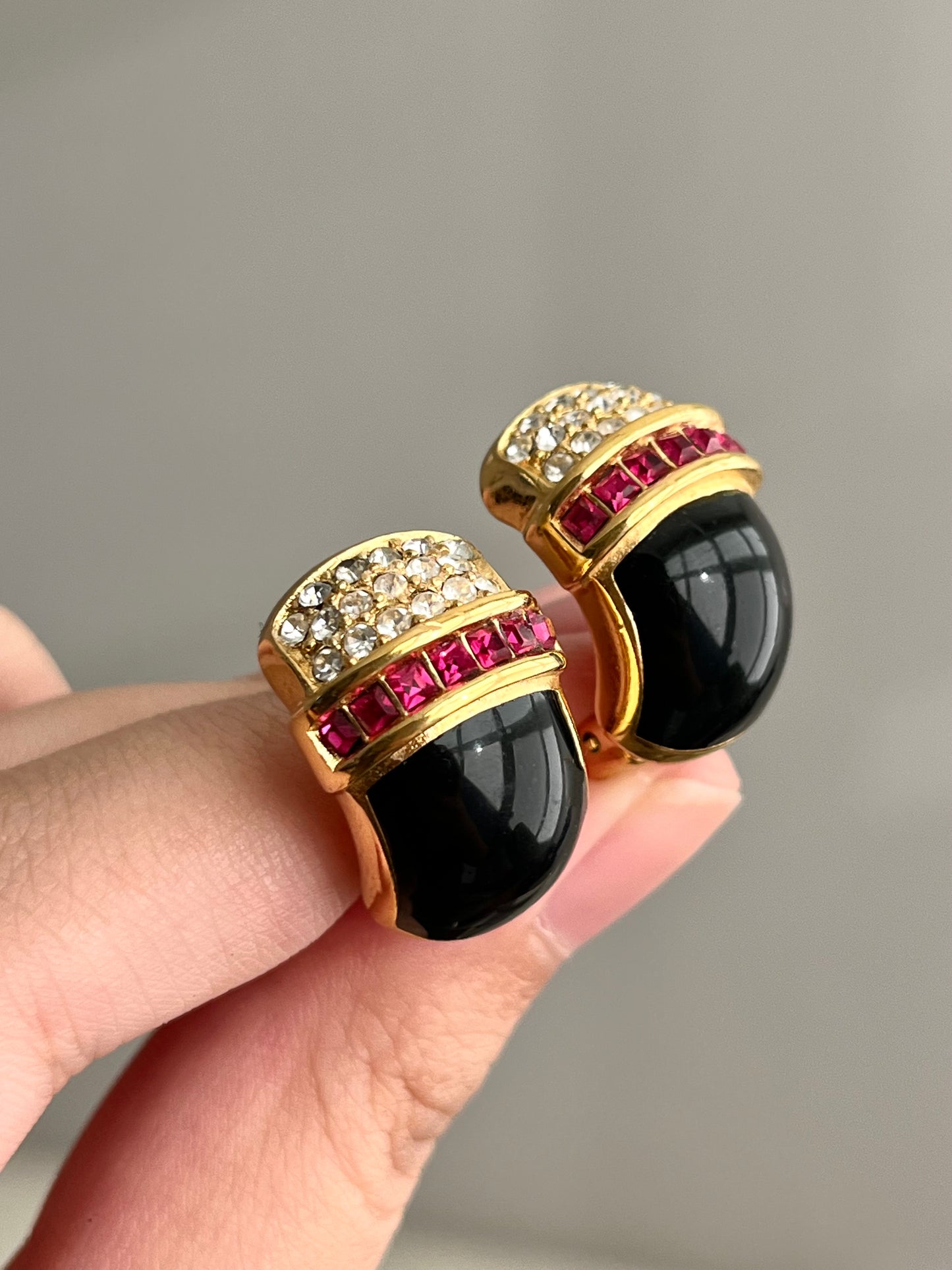 Vintage Christian Dior "V" Square Red Rhinestone Black Enamel Gold-Tone Clip-On Earrings Necklace Set