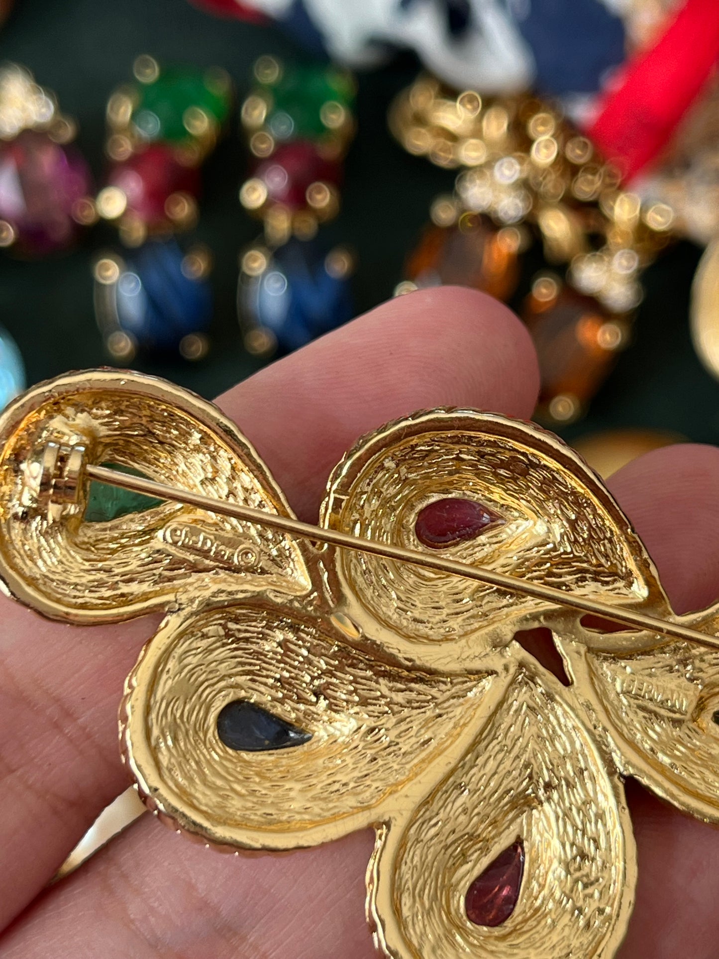 Vintage Christian Dior "Phoenix's Feather" Paisley Tri-Color Poured Glass Cabochon Gold-Tone Brooch