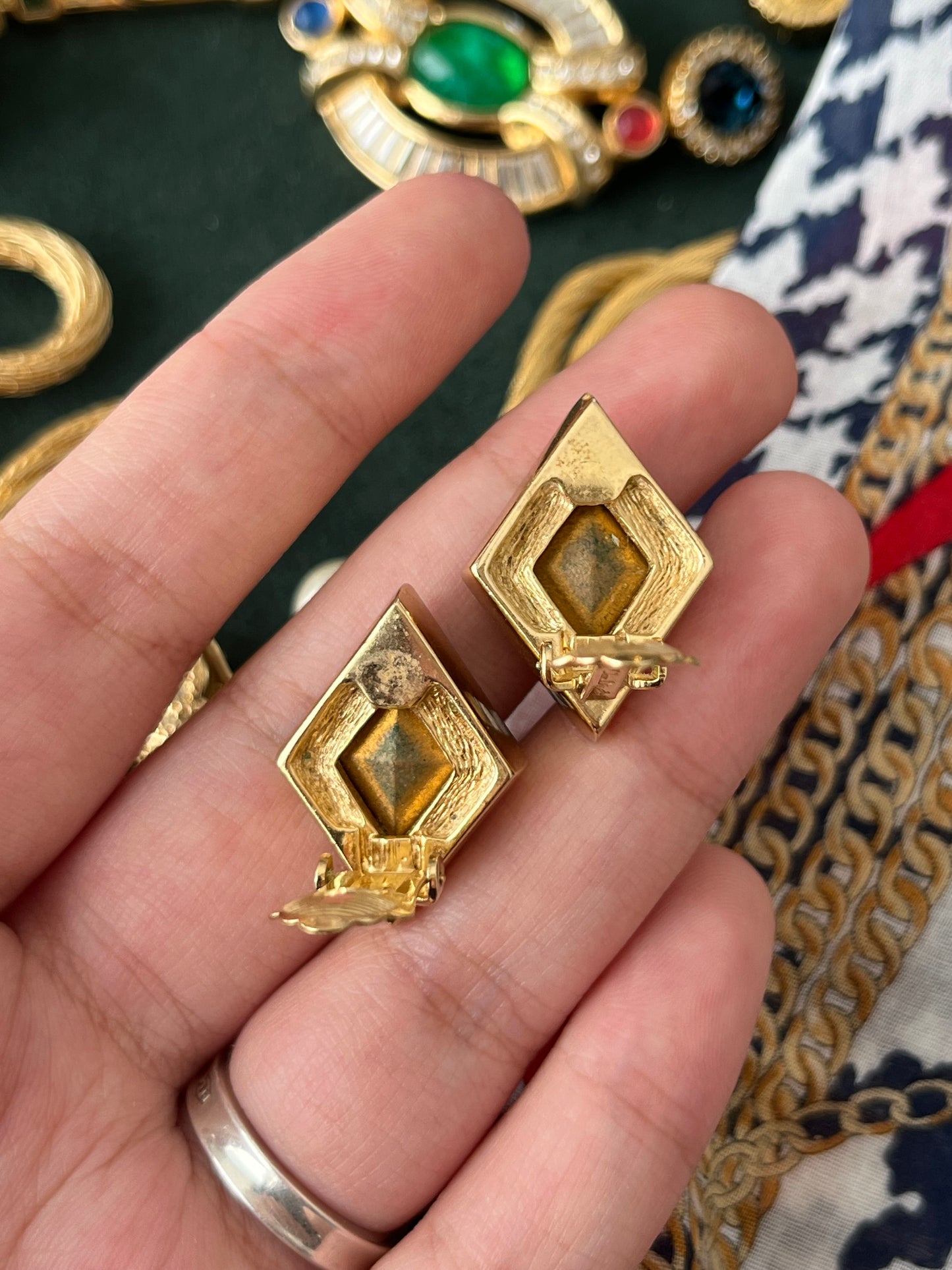 Vintage Christian Dior Diamond Cut Purple Rhinestone Bezel Set Gold-Tone Clip-On Earrings