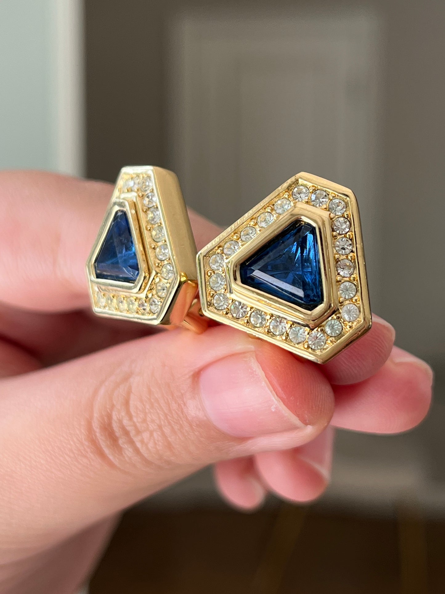 Vintage Christian Dior Triangular Blue Molded Glass Cabochon Rhinestone Gold-Tone Clip-On Earrings