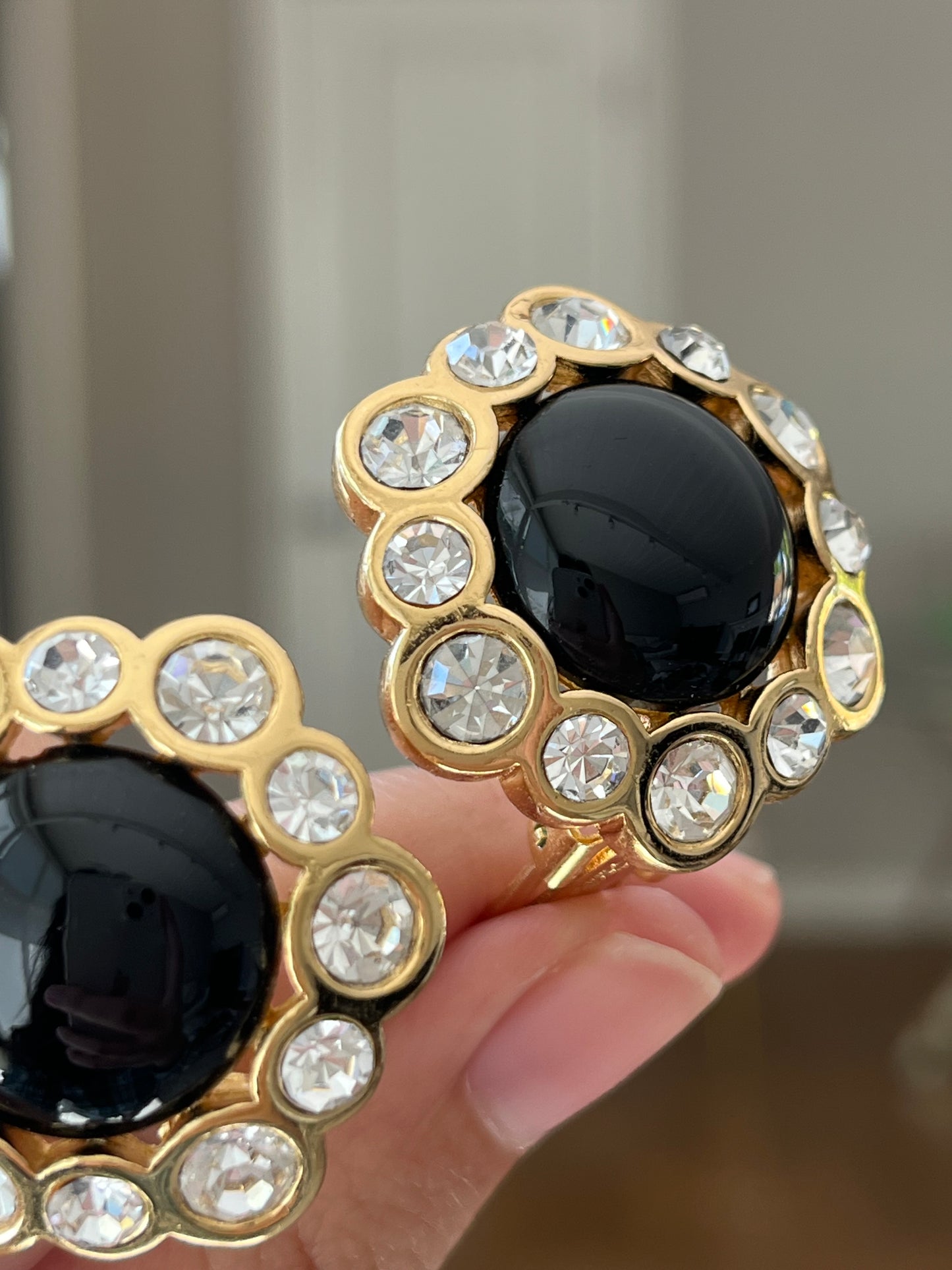 Vintage Christian Dior Flower Round Black Poured Glass Cabochon Large Rhinestone Edge Gold-Tone Clip-On Earrings