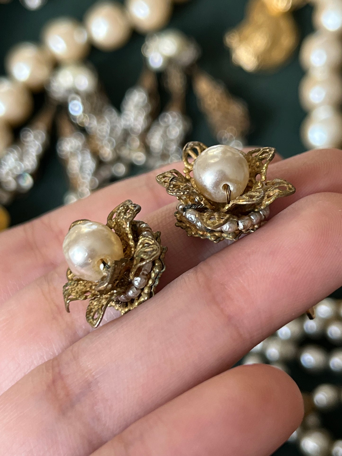 Vintage Miriam Haskell Classic "Niki" Baroque Glass Pearl Bronze-Tone Filigree Screw Back Clip-On Earrings