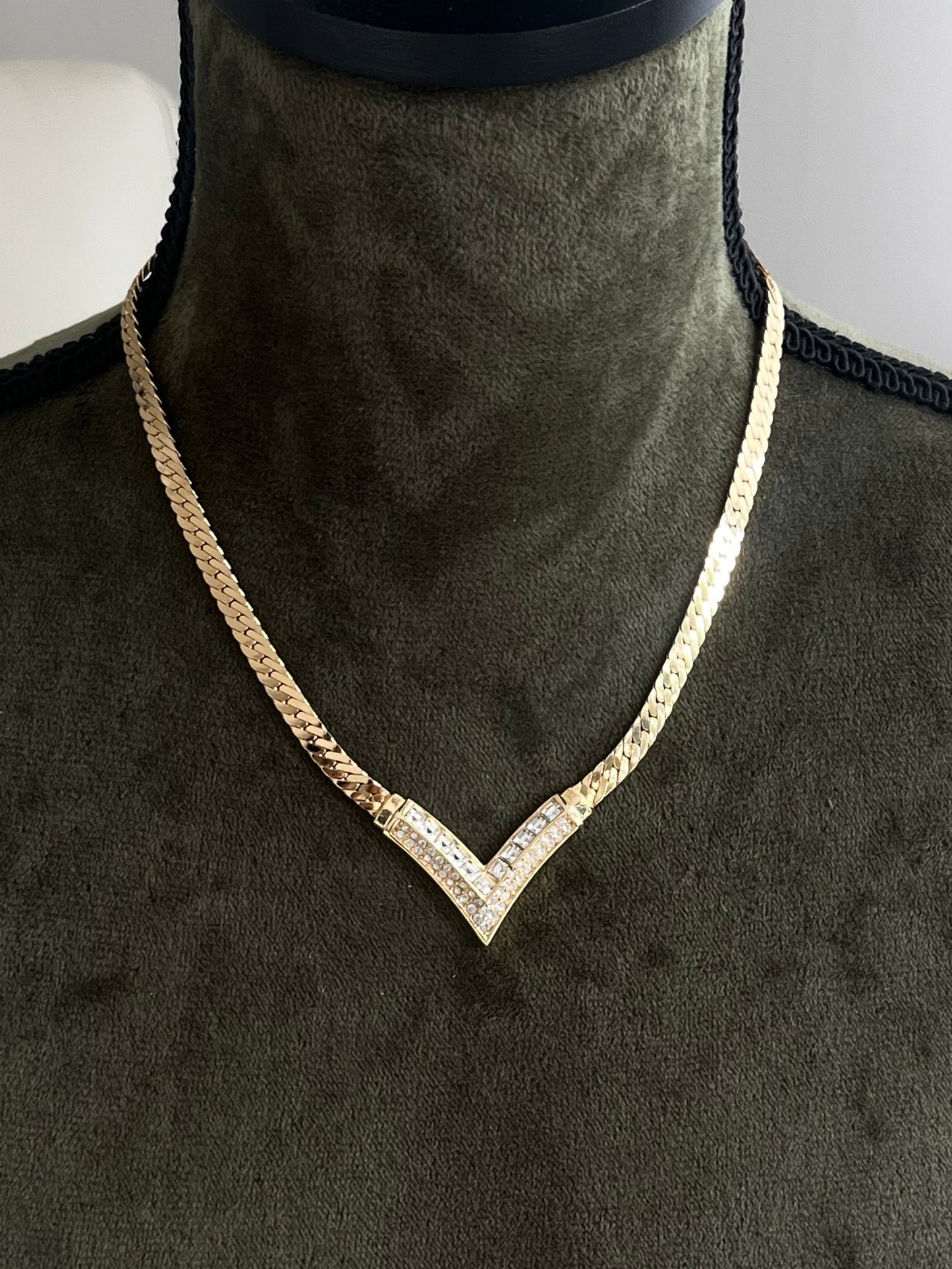 Vintage Christian Dior "V" Shape Square Clear Rhinestone Gold-Tone Chain Necklace