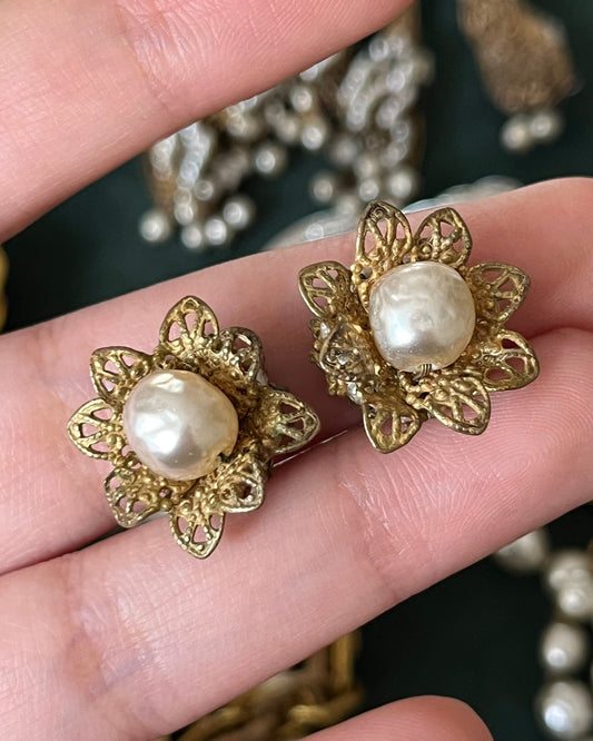 Vintage Miriam Haskell Classic "Niki" Baroque Glass Pearl Bronze-Tone Filigree Screw Back Clip-On Earrings