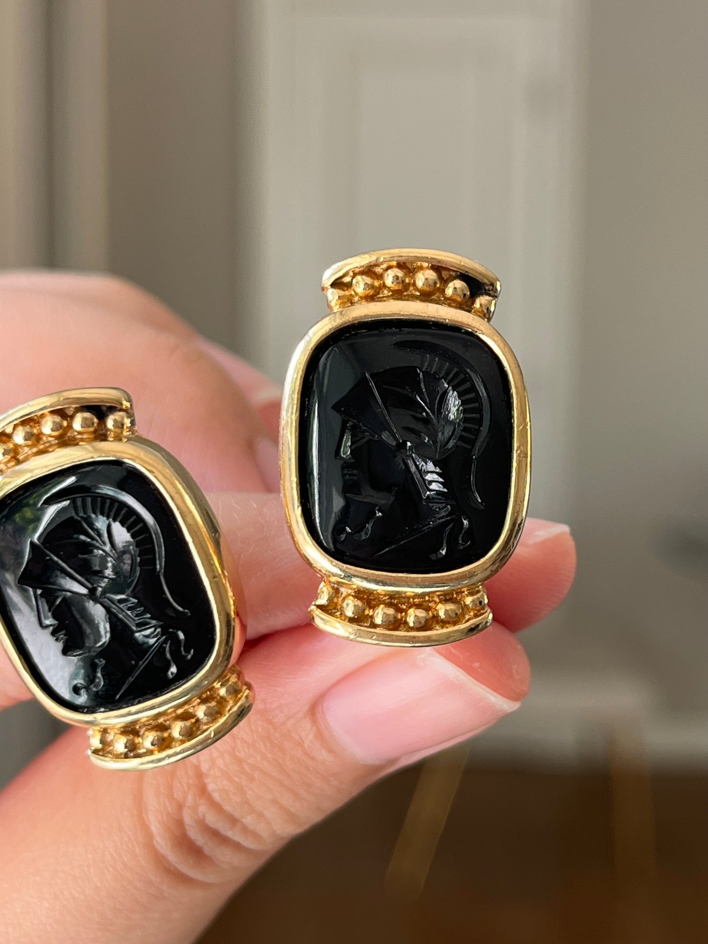 Vintage Givenchy Greek Hoplite Cameo Black Molded Glass Cabochon Gold-Tone Clip-On Earrings