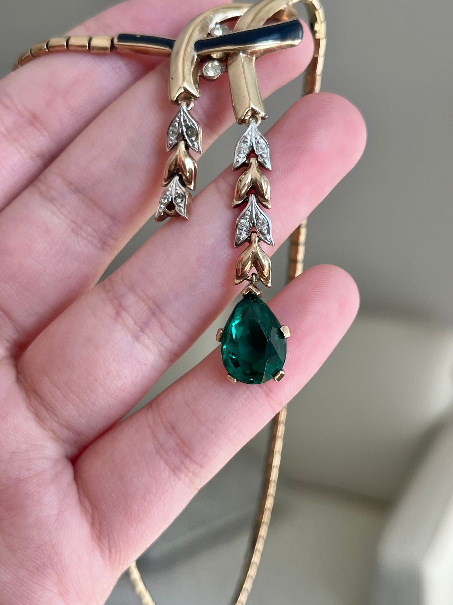 Vintage Trifari “Empress Eugénie” Collection 1940s Oval Topaz Droplet Gold Silver Two-Tone Y Necklace