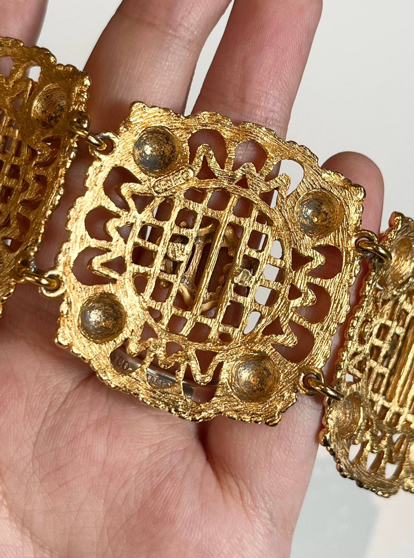 Vintage Christian Dior "Pumpkin Carriage" Collection Classic Monogram Logo Hollow Gold-Tone Bracelet Cuff Bangle